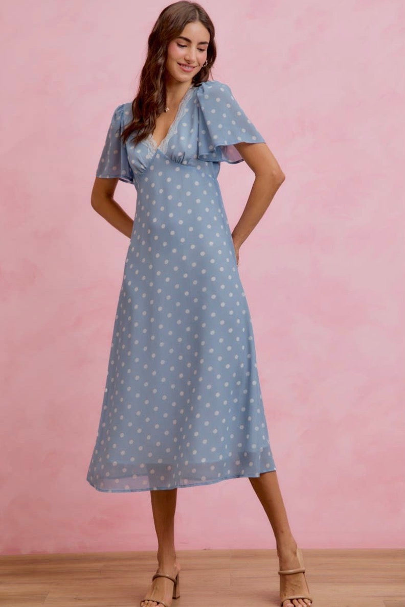 Polka Dot Chiffon Lace Trim Midi Dress