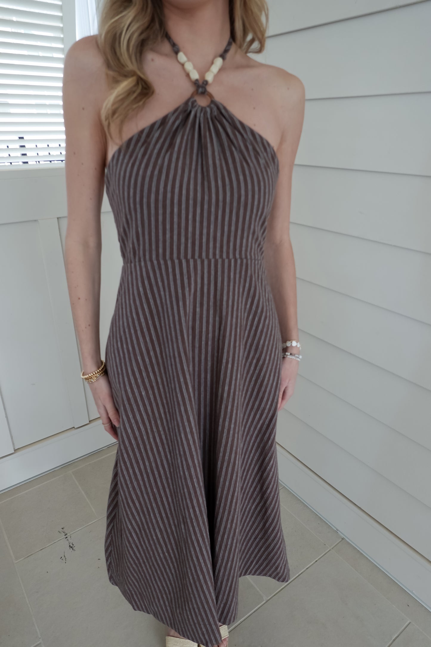 Beaded Halter Striped Dress