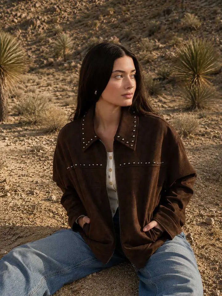 Studded Collared Zip-Up Suede Jacket