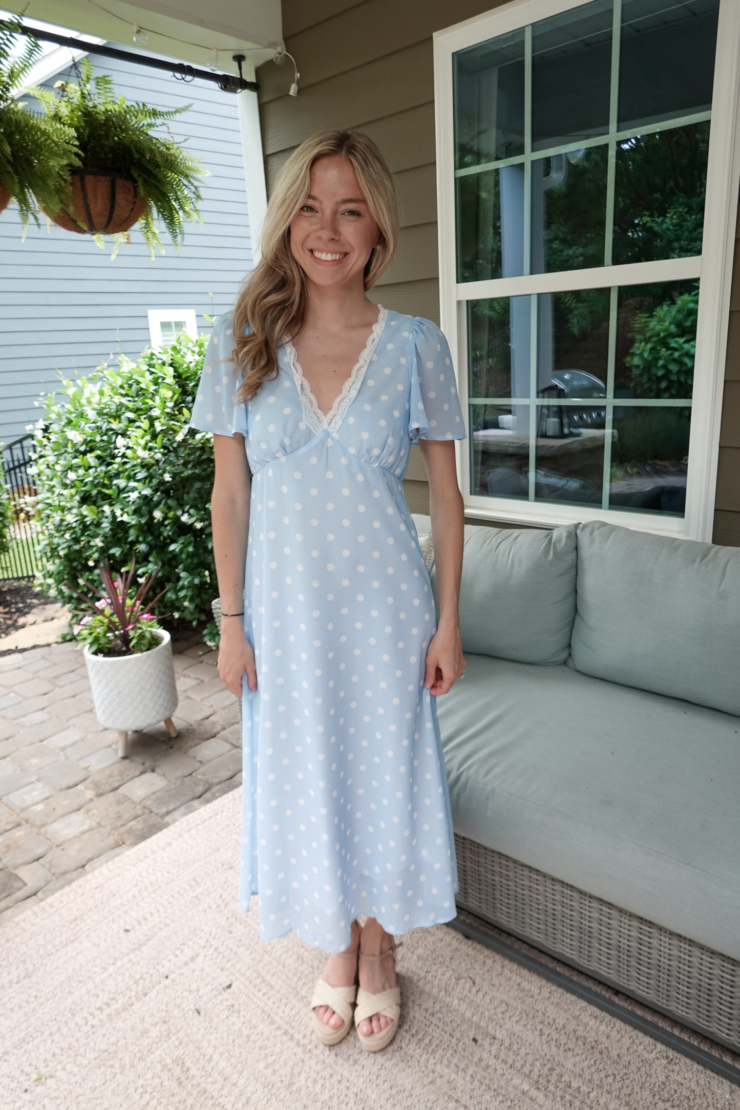 Polka Dot Chiffon Lace Trim Midi Dress