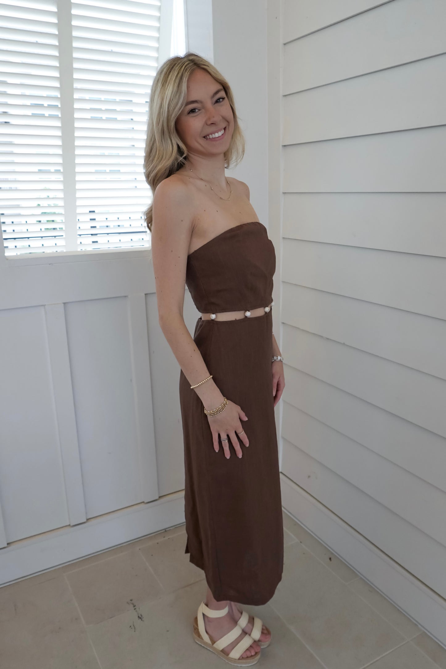 Meg Strapless Beaded Midi Dress