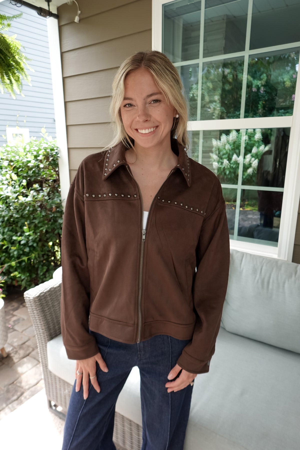 Studded Collared Zip-Up Suede Jacket