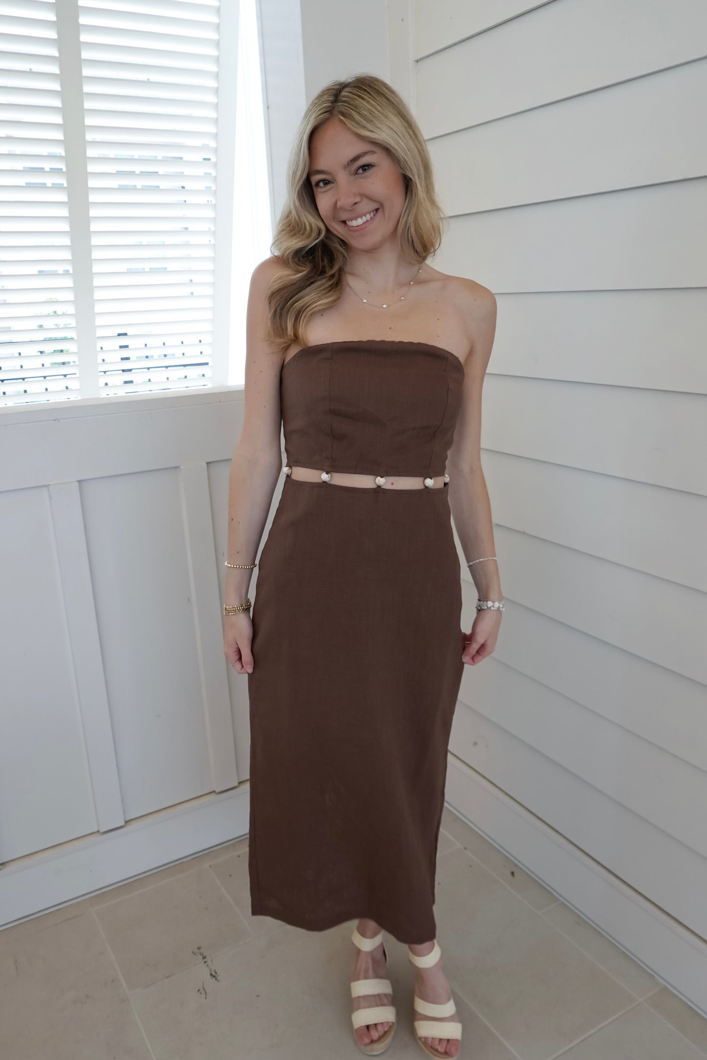 Meg Strapless Beaded Midi Dress