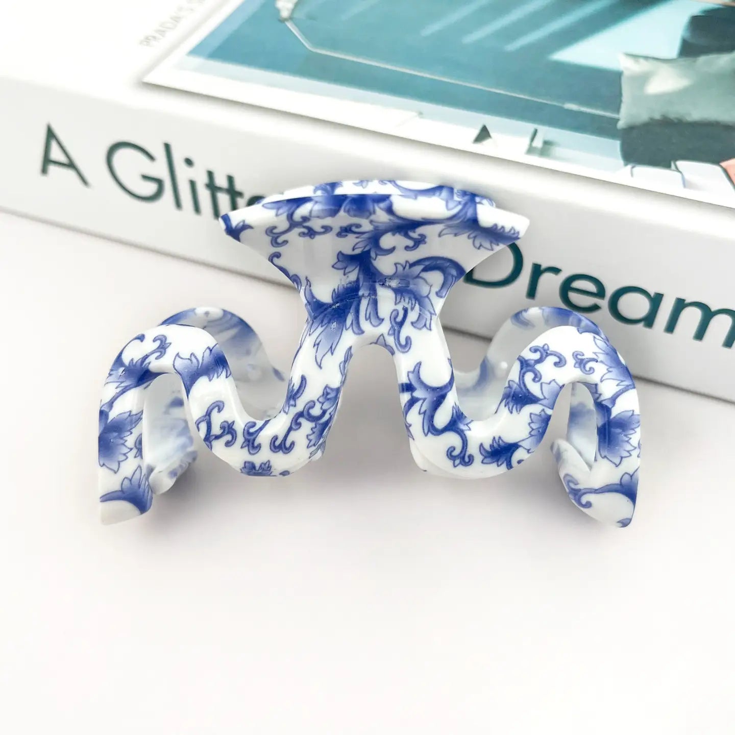 White & Blue Floral Claw Clips
