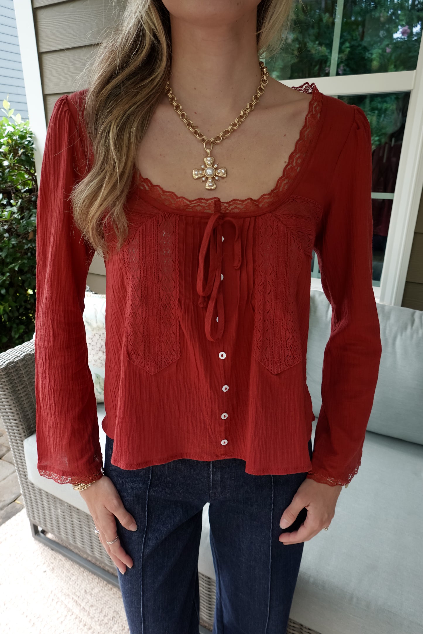 Aria Lace Trim Long Sleeve Top