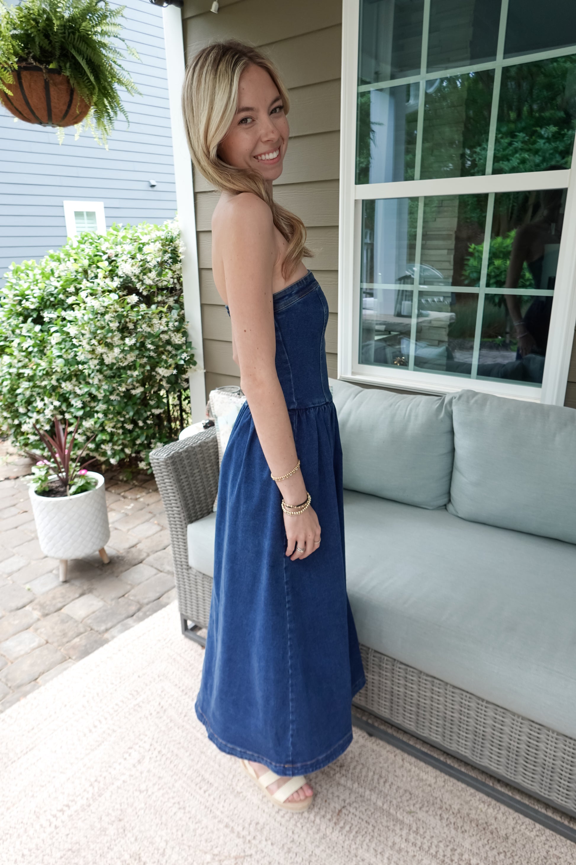 Strapless Denim Midi Dress