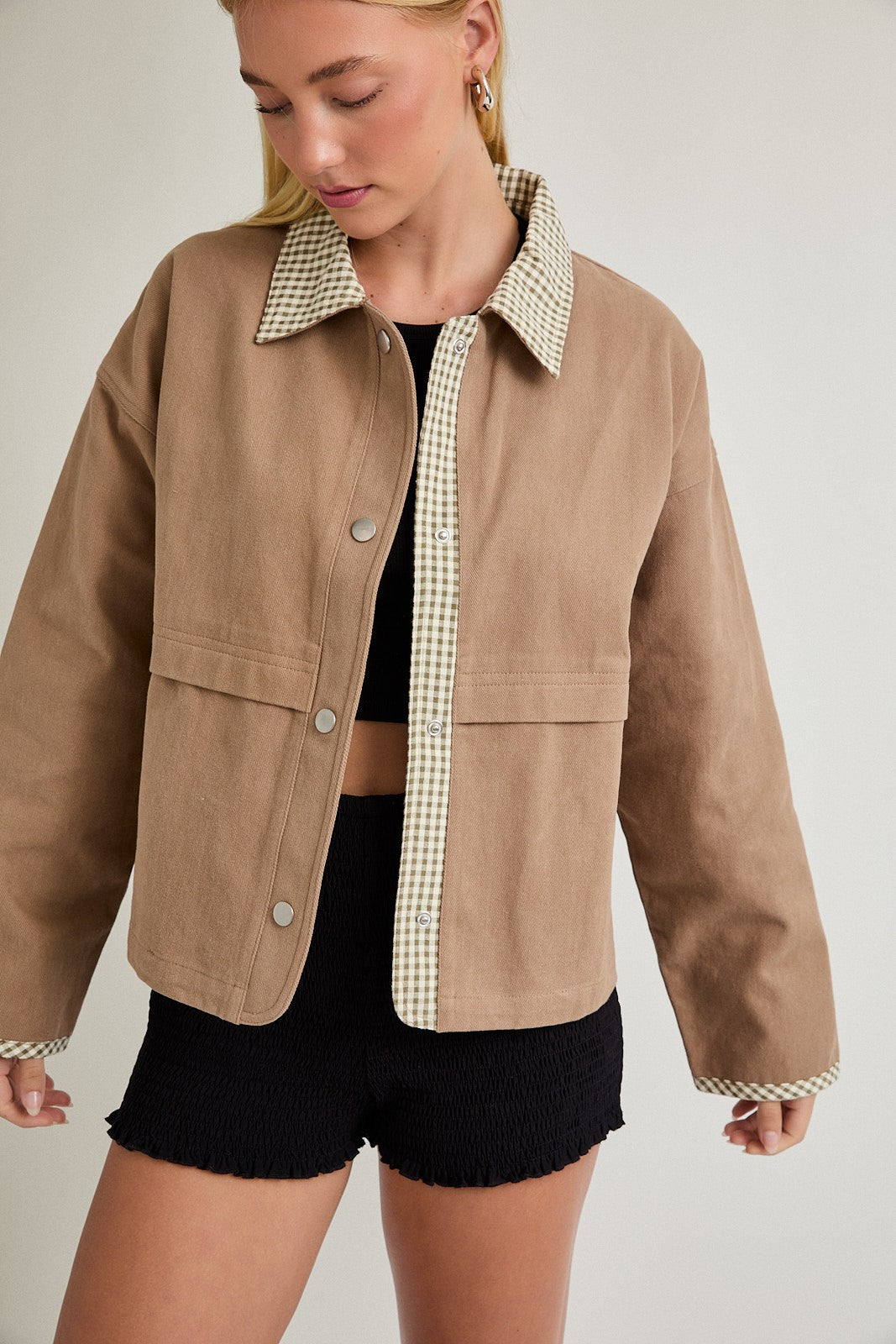 Gigi Gingham Trim Jacket Taupe