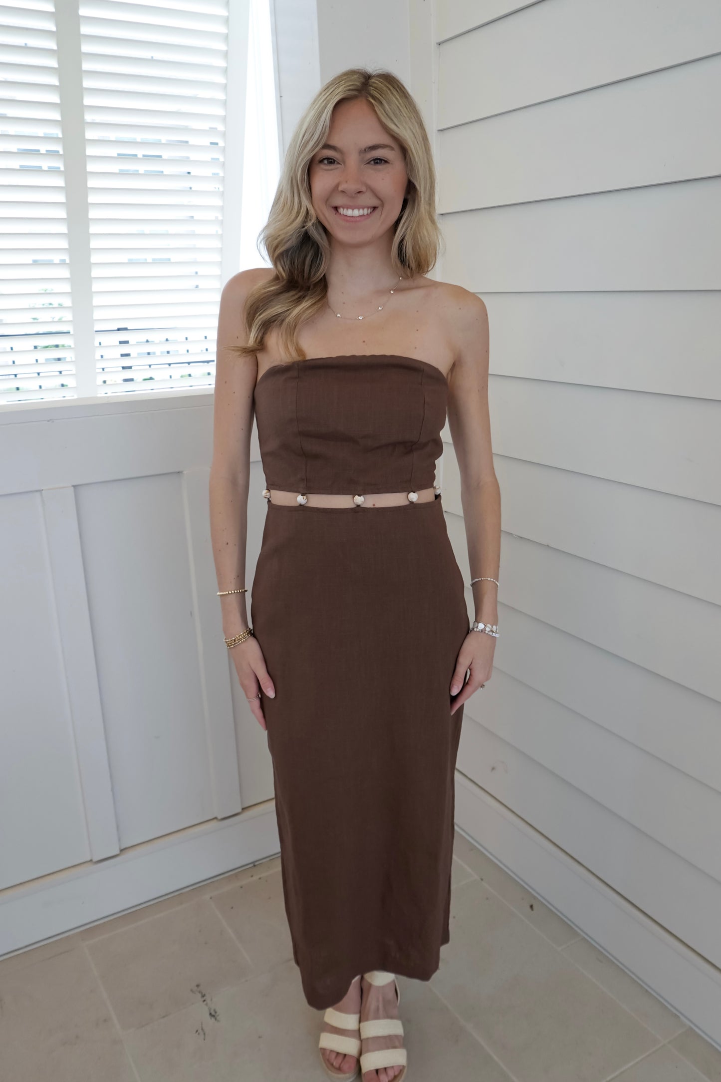 Meg Strapless Beaded Midi Dress