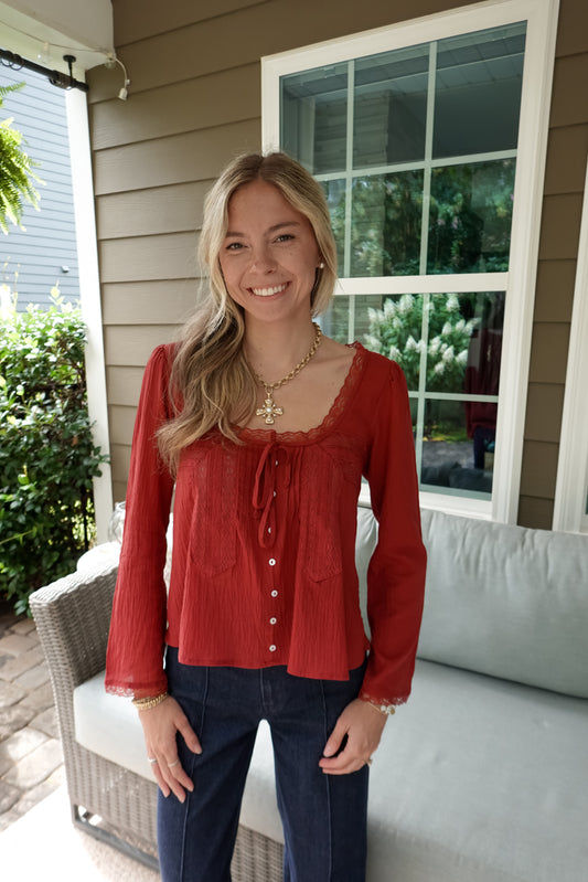 Aria Lace Trim Long Sleeve Top