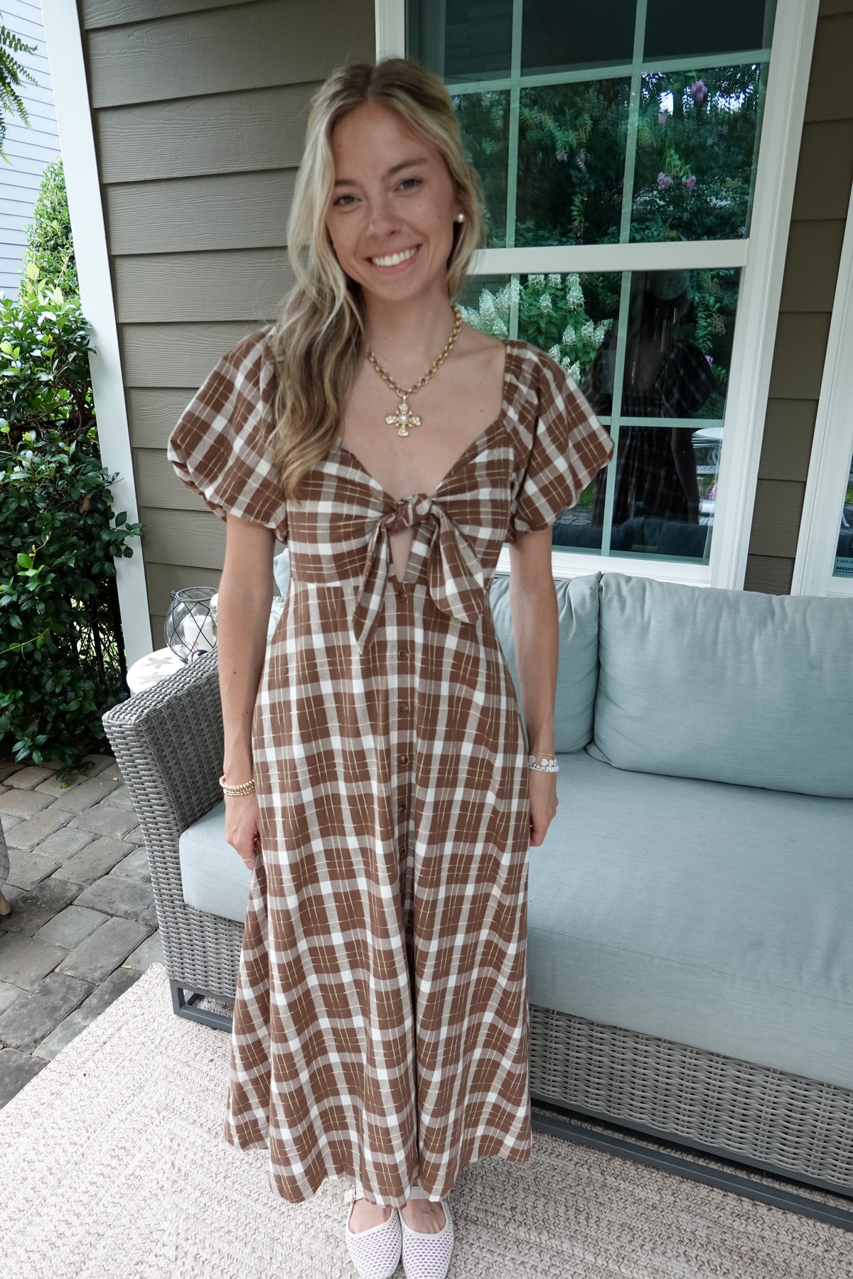 Plaid Front-Tie Midi Dress