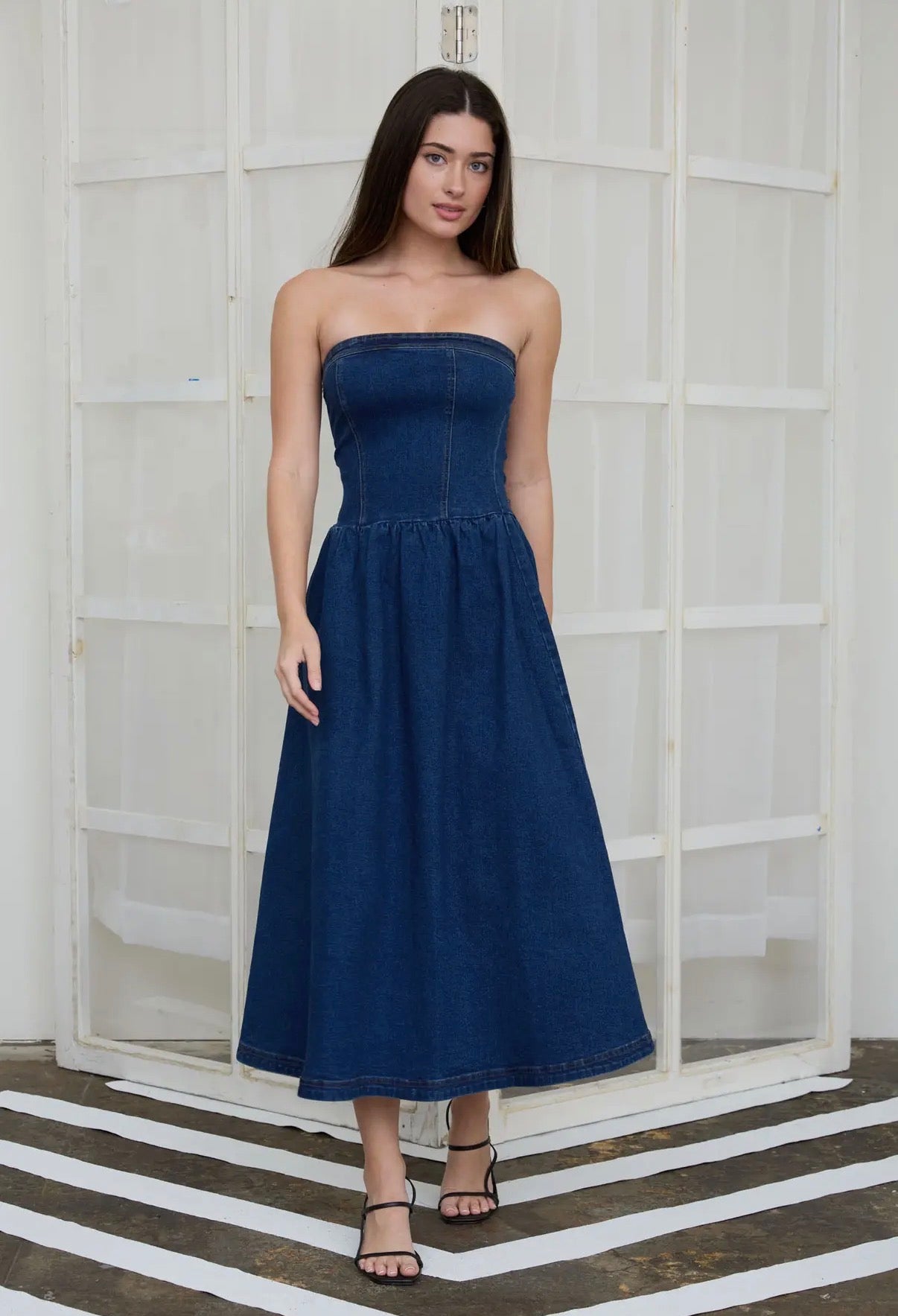 Strapless Denim Midi Dress