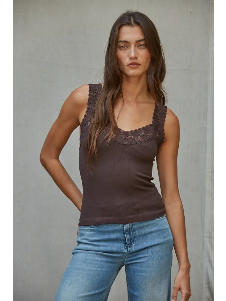 Lace Ribbed Seamless Tank Top