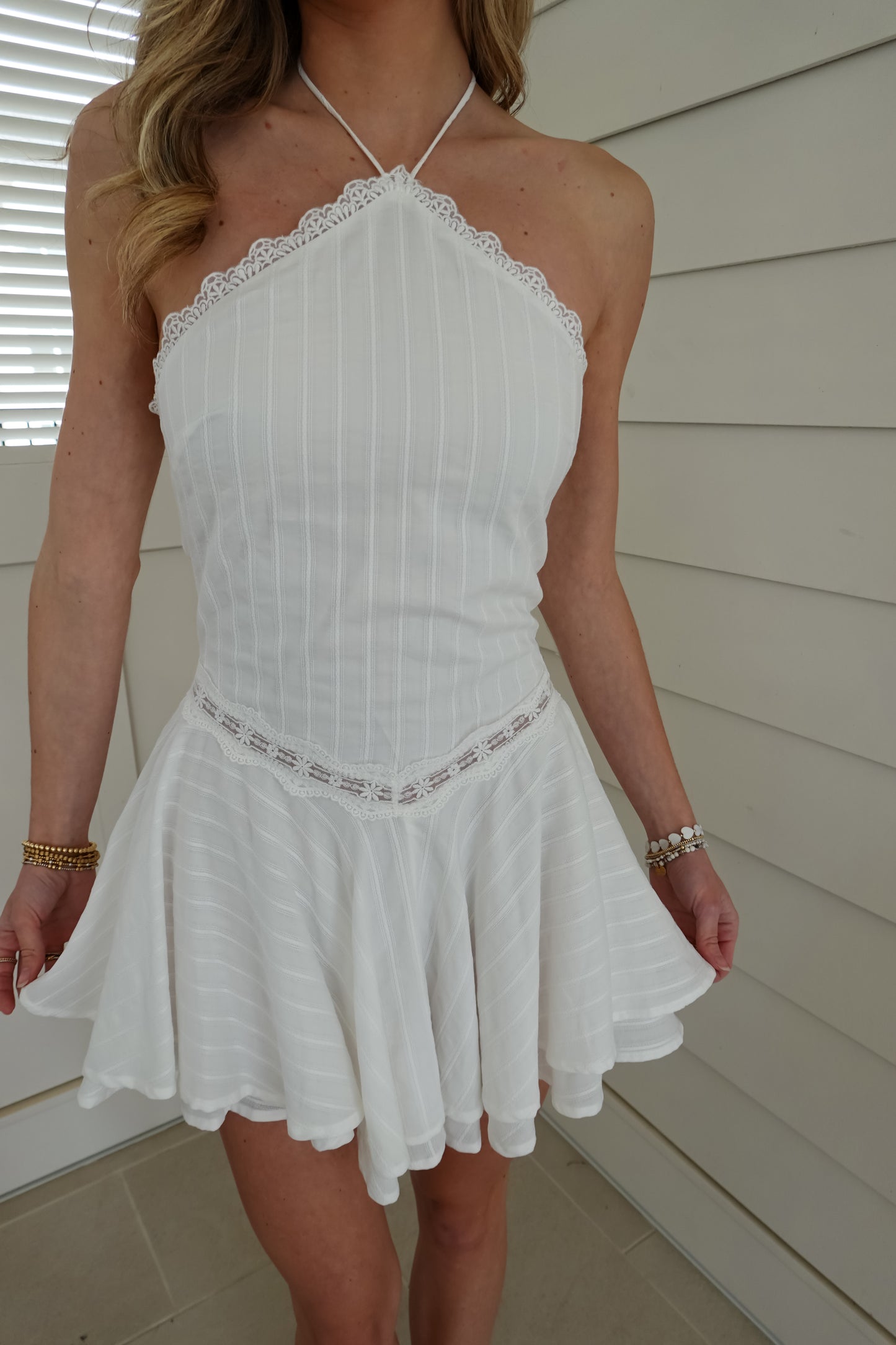 Hilary Halter Tie Lace Mini Dress