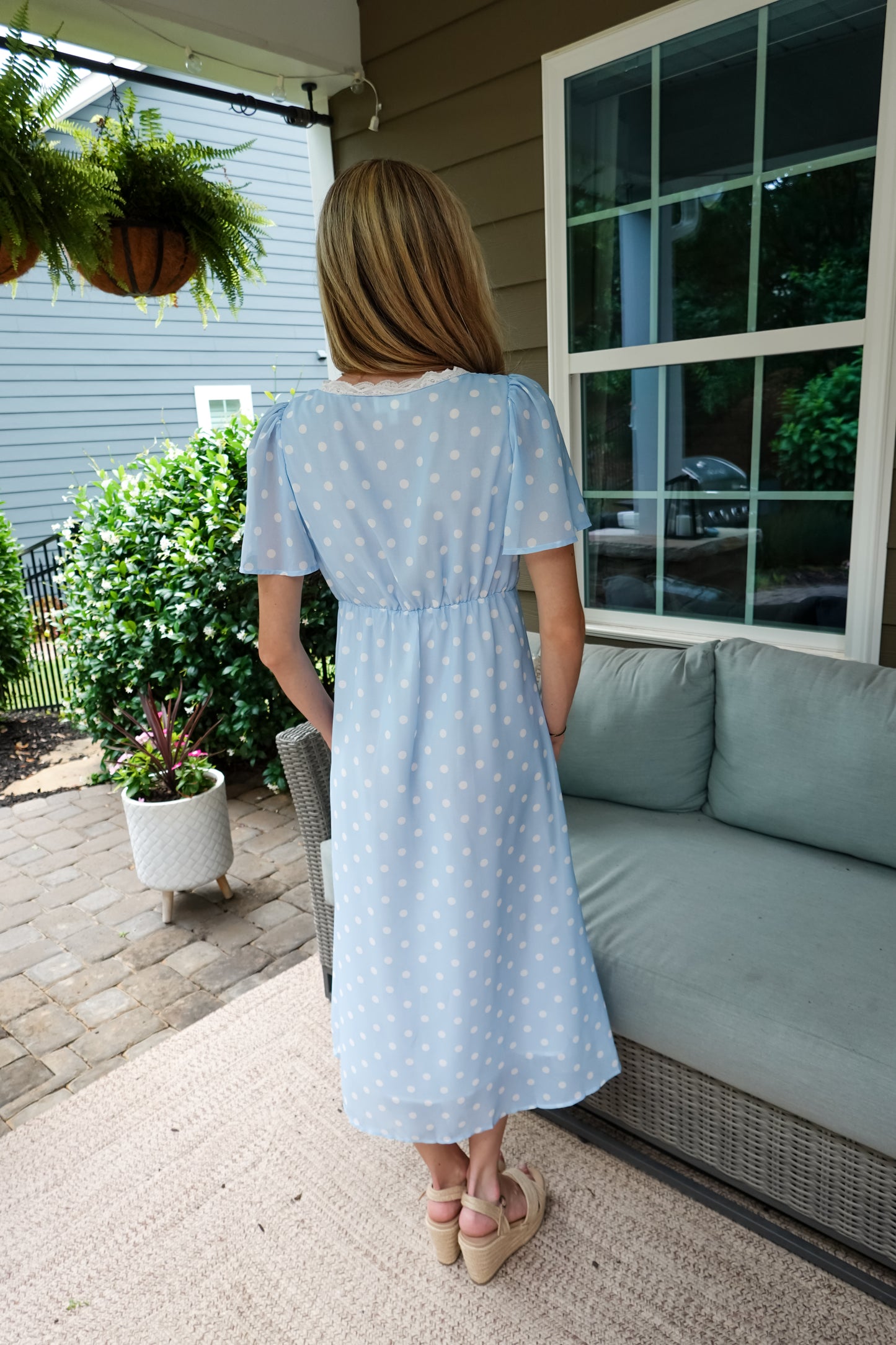 Polka Dot Chiffon Lace Trim Midi Dress