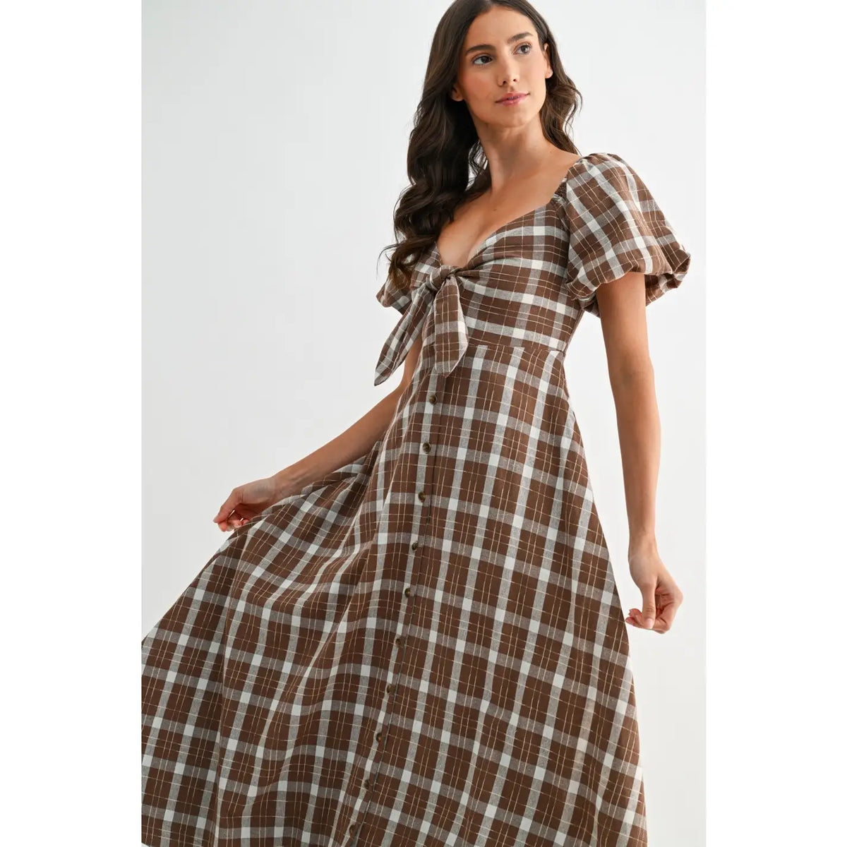 Plaid Front-Tie Midi Dress