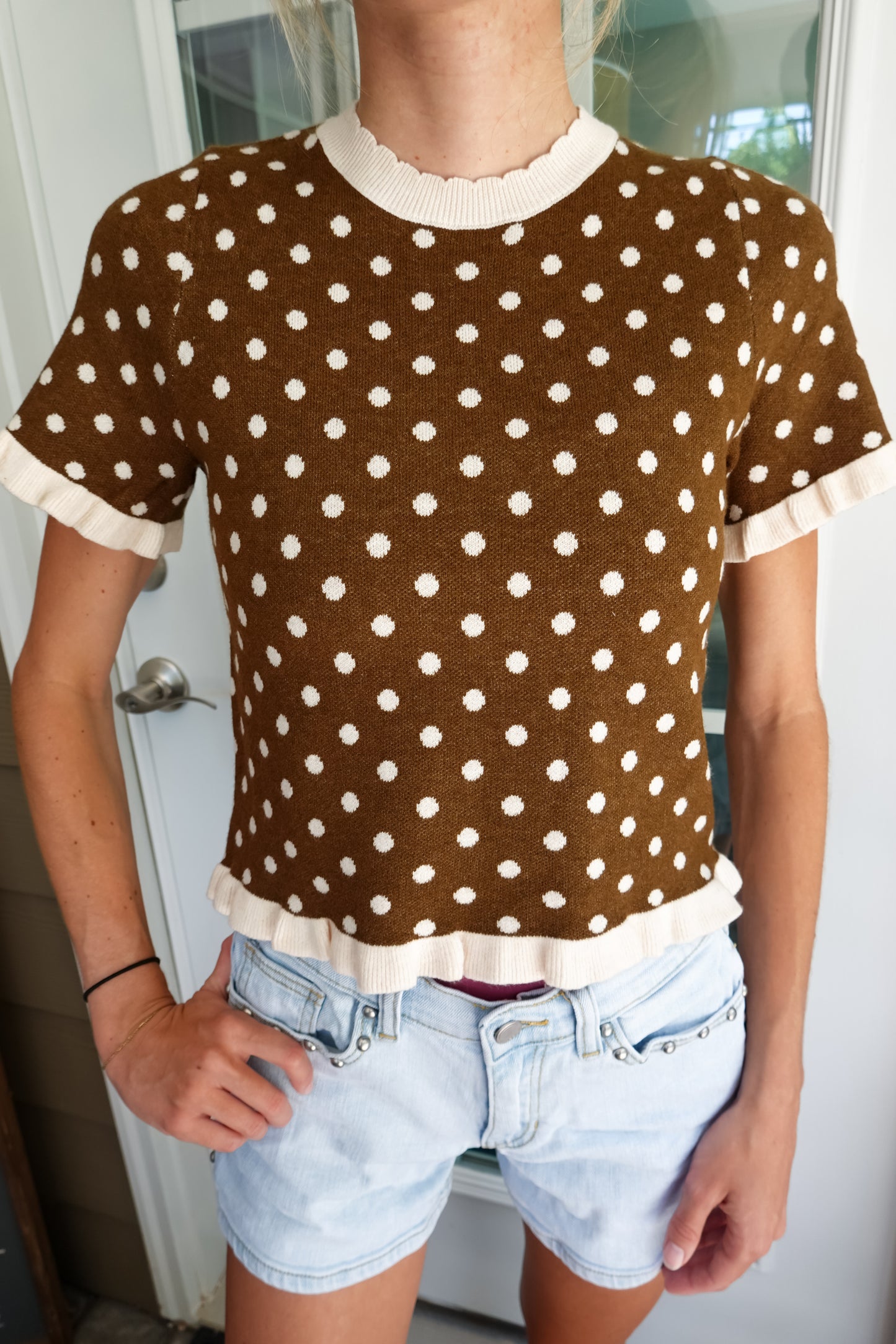 Polka Dot Ruffle Short Sleeve Sweater