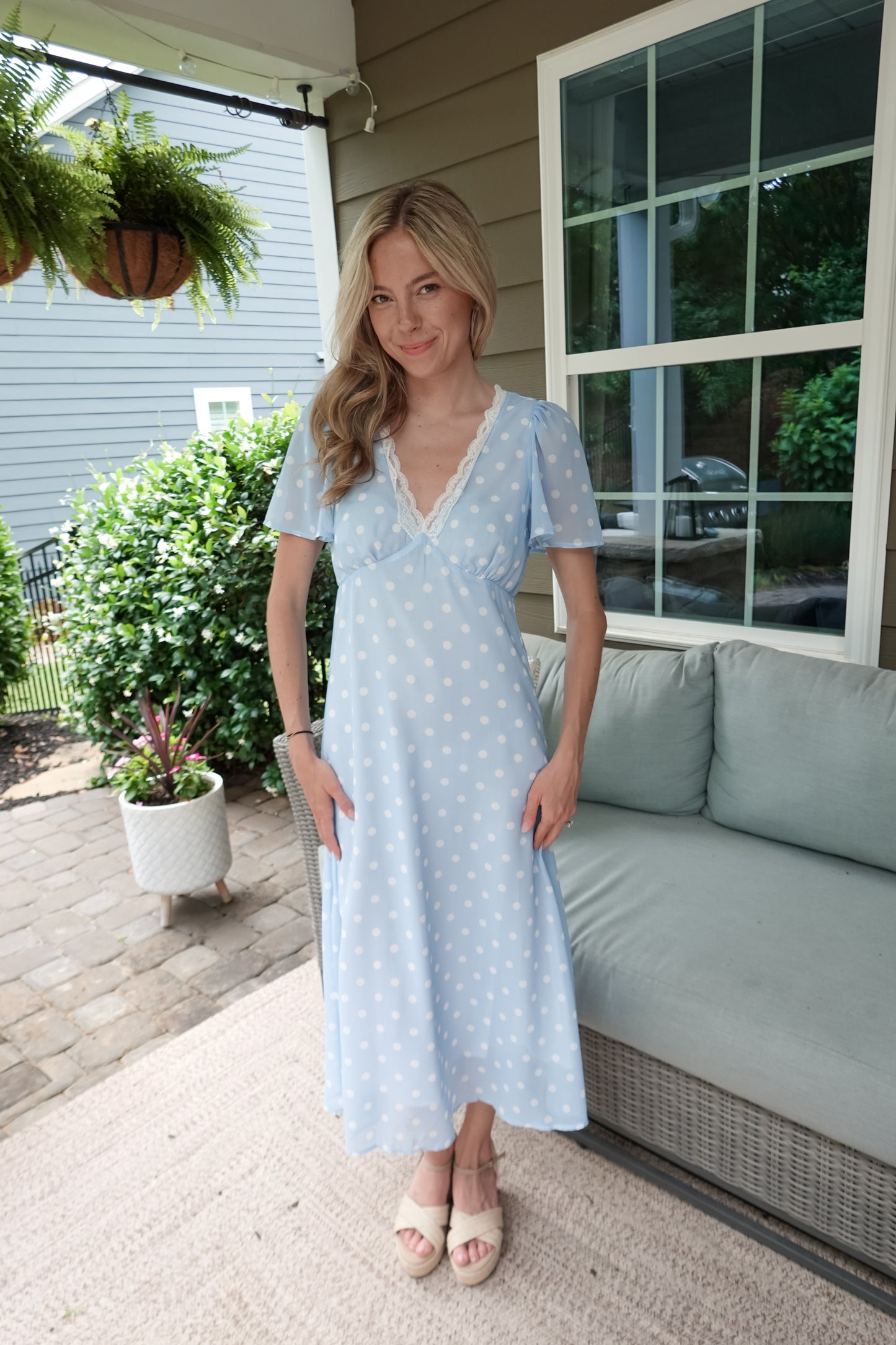 Polka Dot Chiffon Lace Trim Midi Dress