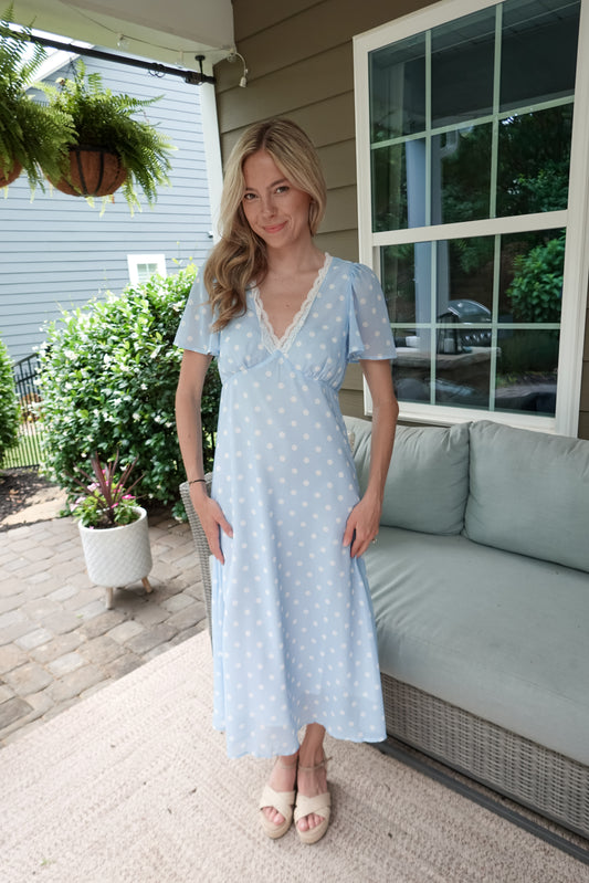 Polka Dot Chiffon Lace Trim Midi Dress