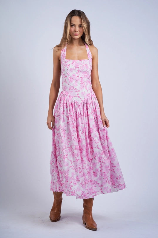 Fia Floral Print Halter Midi Dress