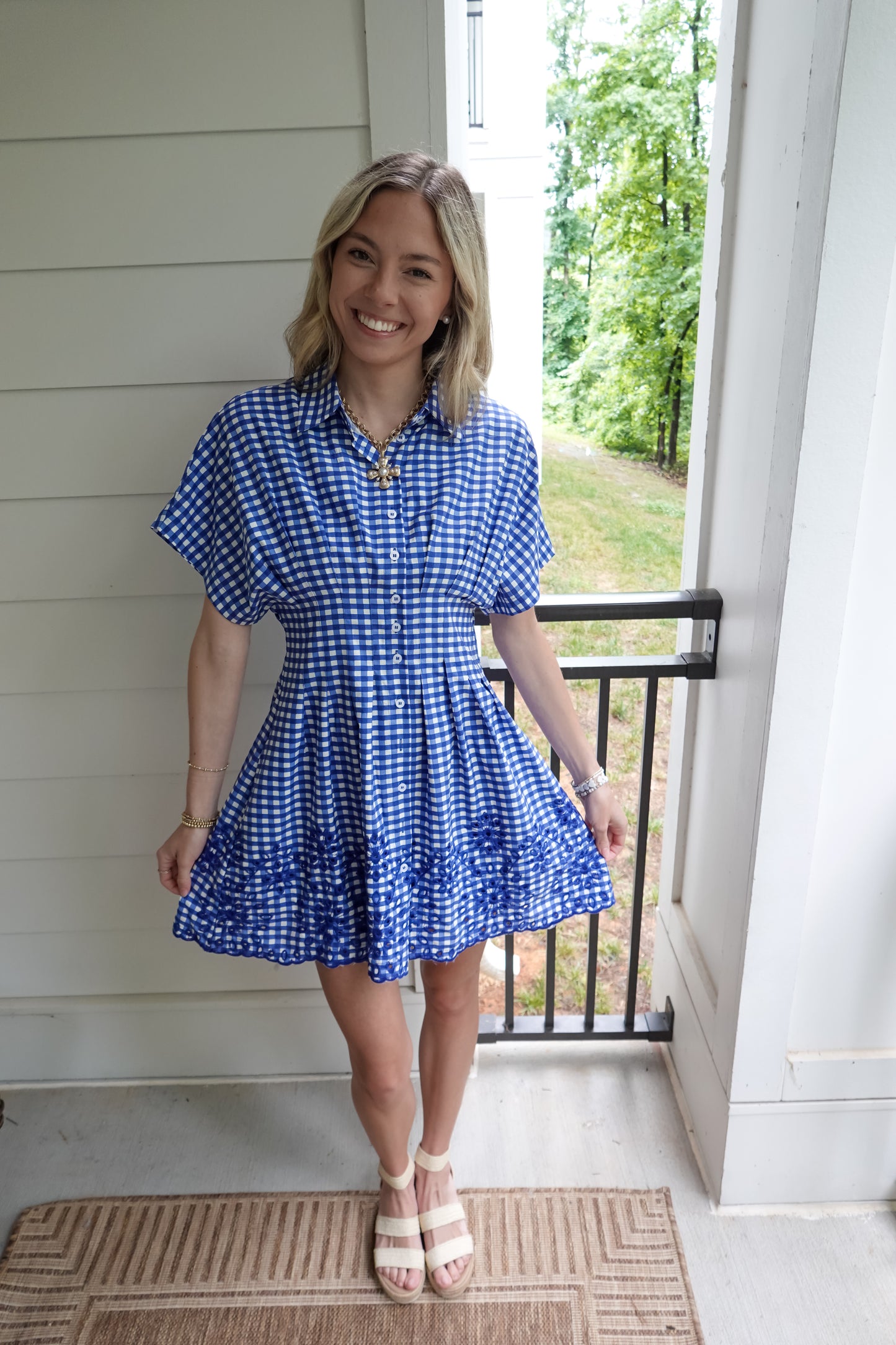 Gingham Scalloped Embroidered Mini Dress