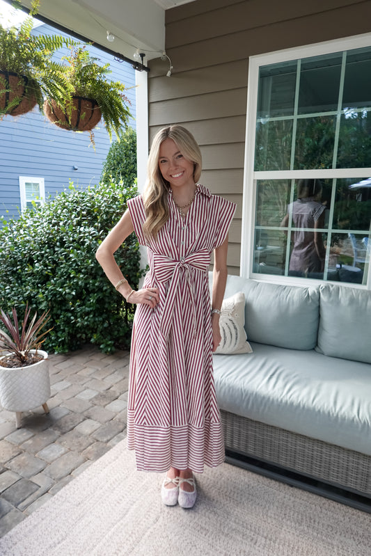 Sarah Maroon Striped Midi Dress