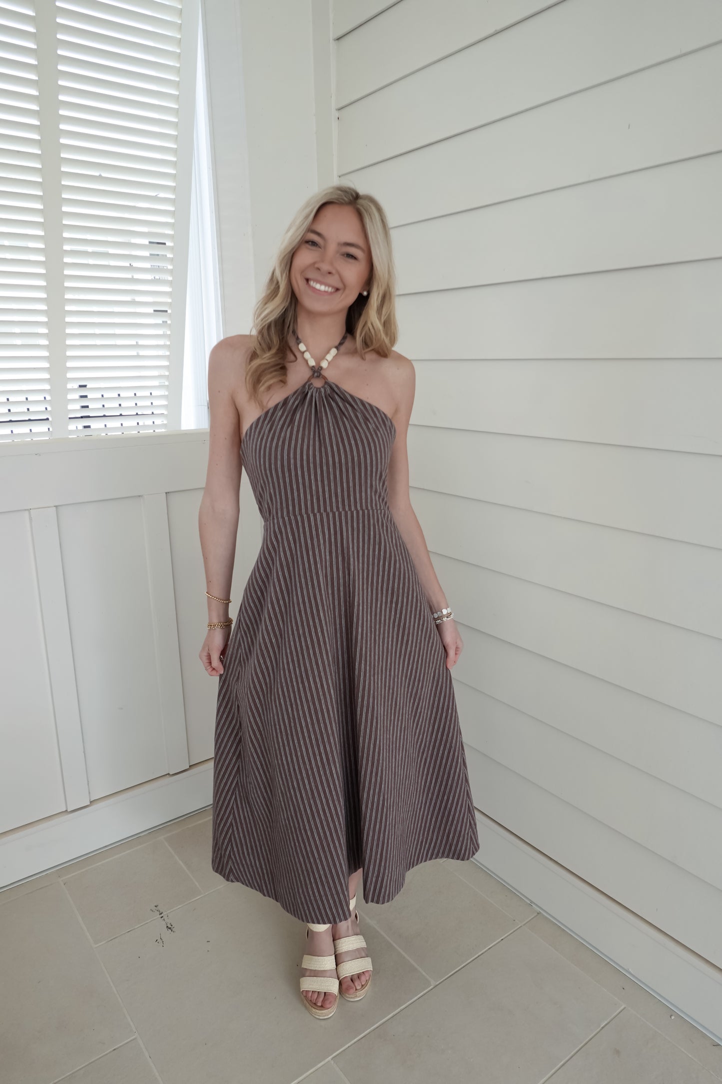Beaded Halter Striped Dress