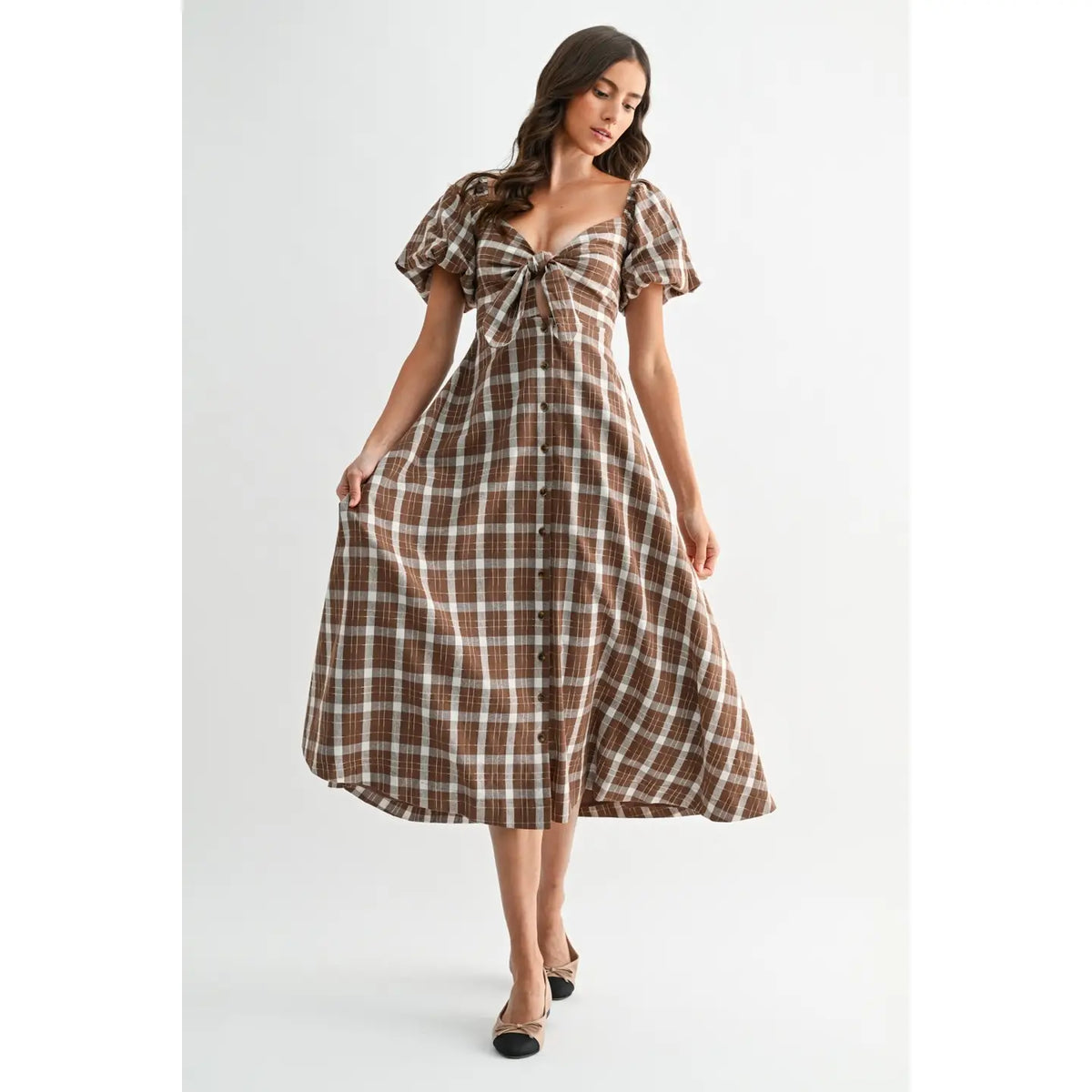 Plaid Front-Tie Midi Dress
