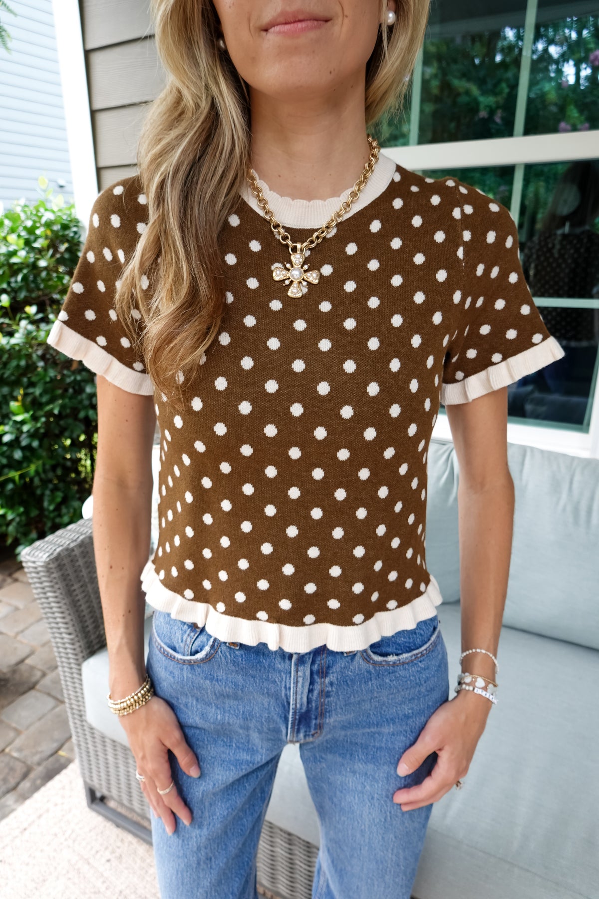 Polka Dot Ruffle Short Sleeve Sweater