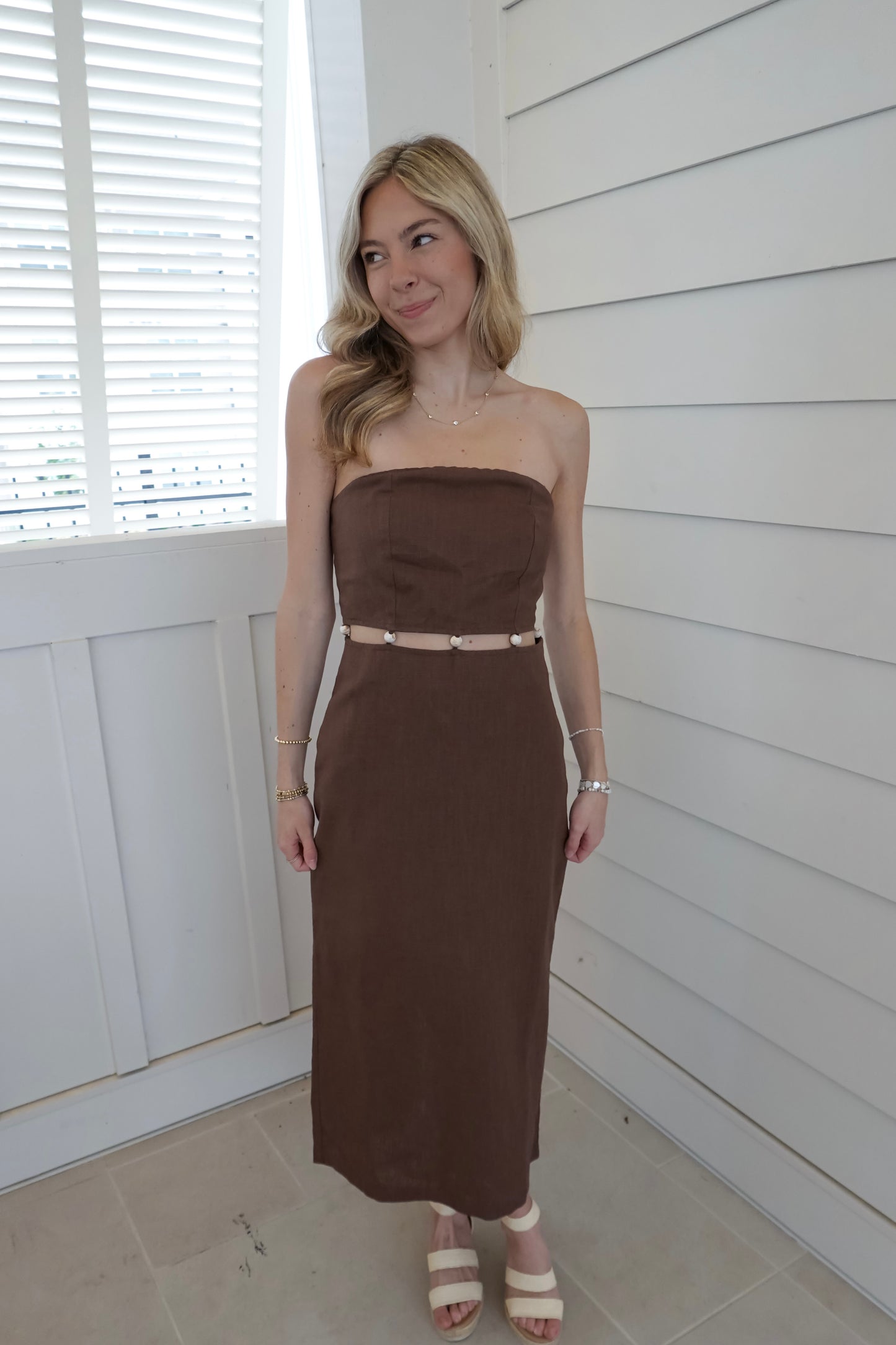 Meg Strapless Beaded Midi Dress