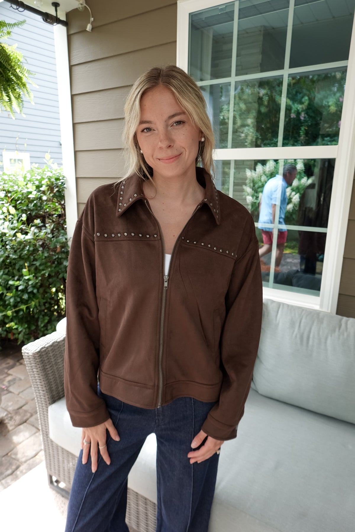 Studded Collared Zip-Up Suede Jacket