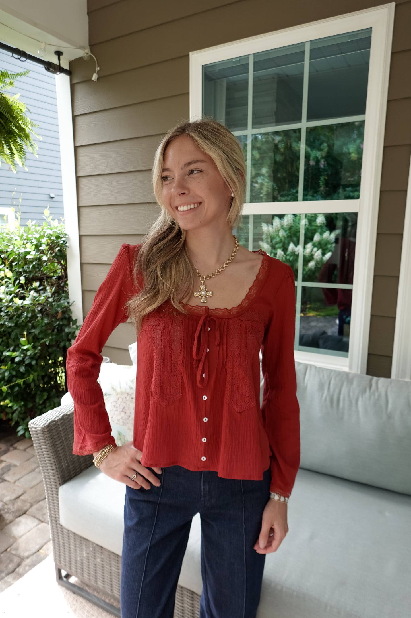 Aria Lace Trim Long Sleeve Top