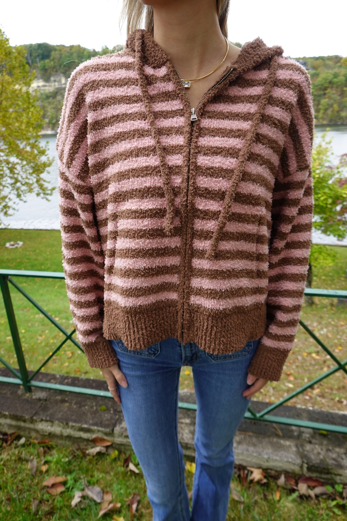 Striped Zip-Up Hooded Cardigan