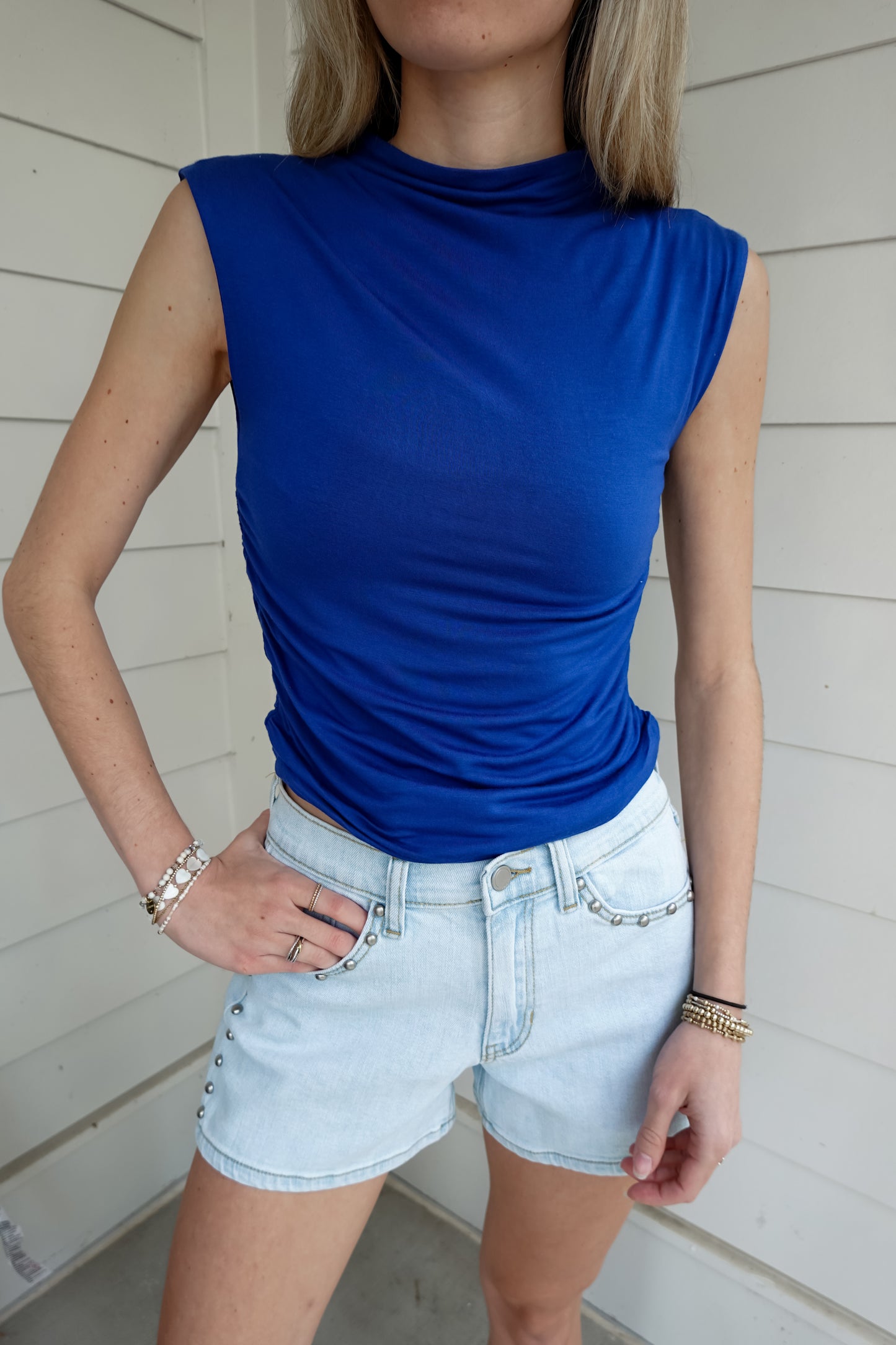 Double Layered Ruched Mock Neck Top