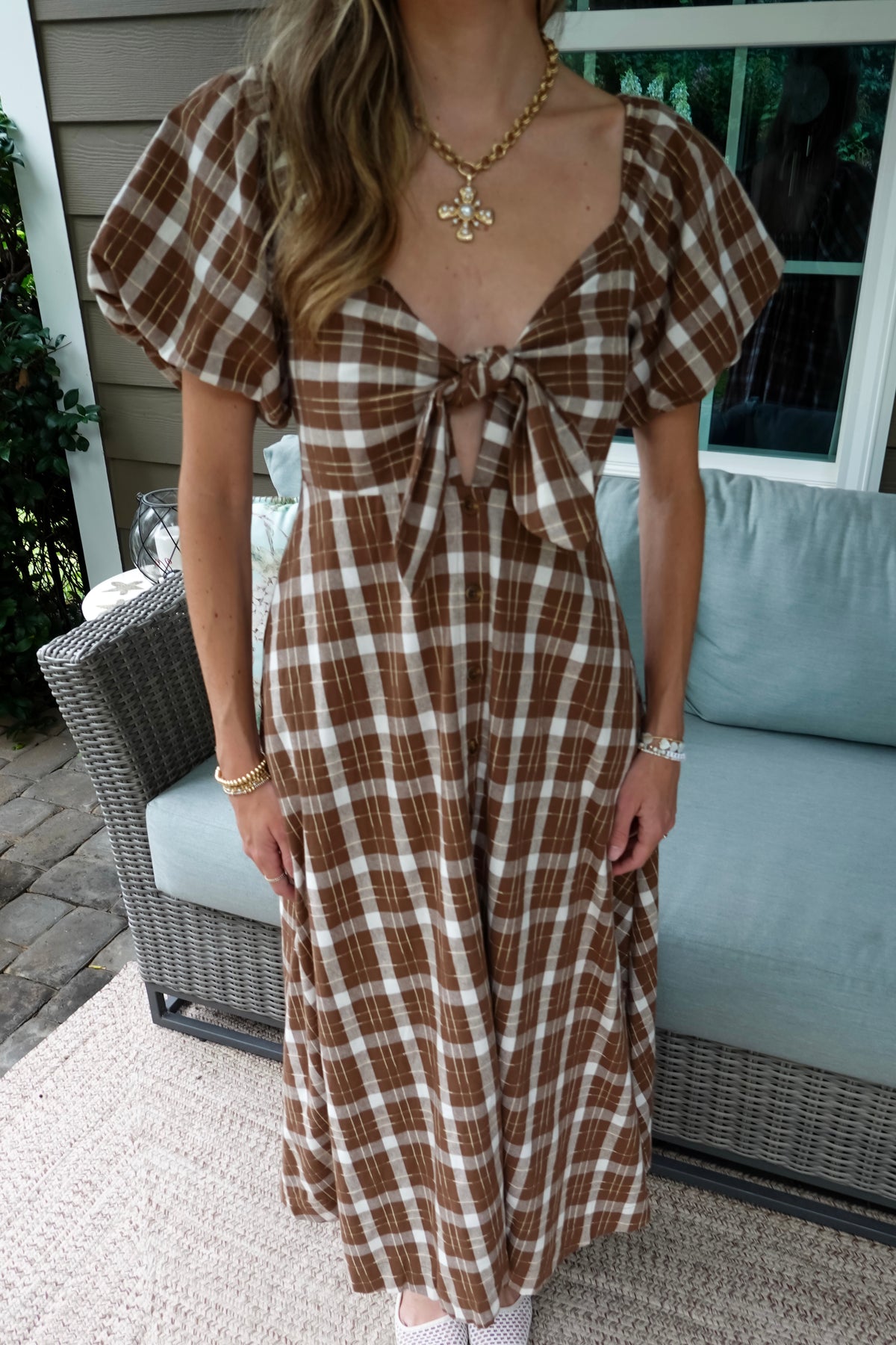 Plaid Front-Tie Midi Dress