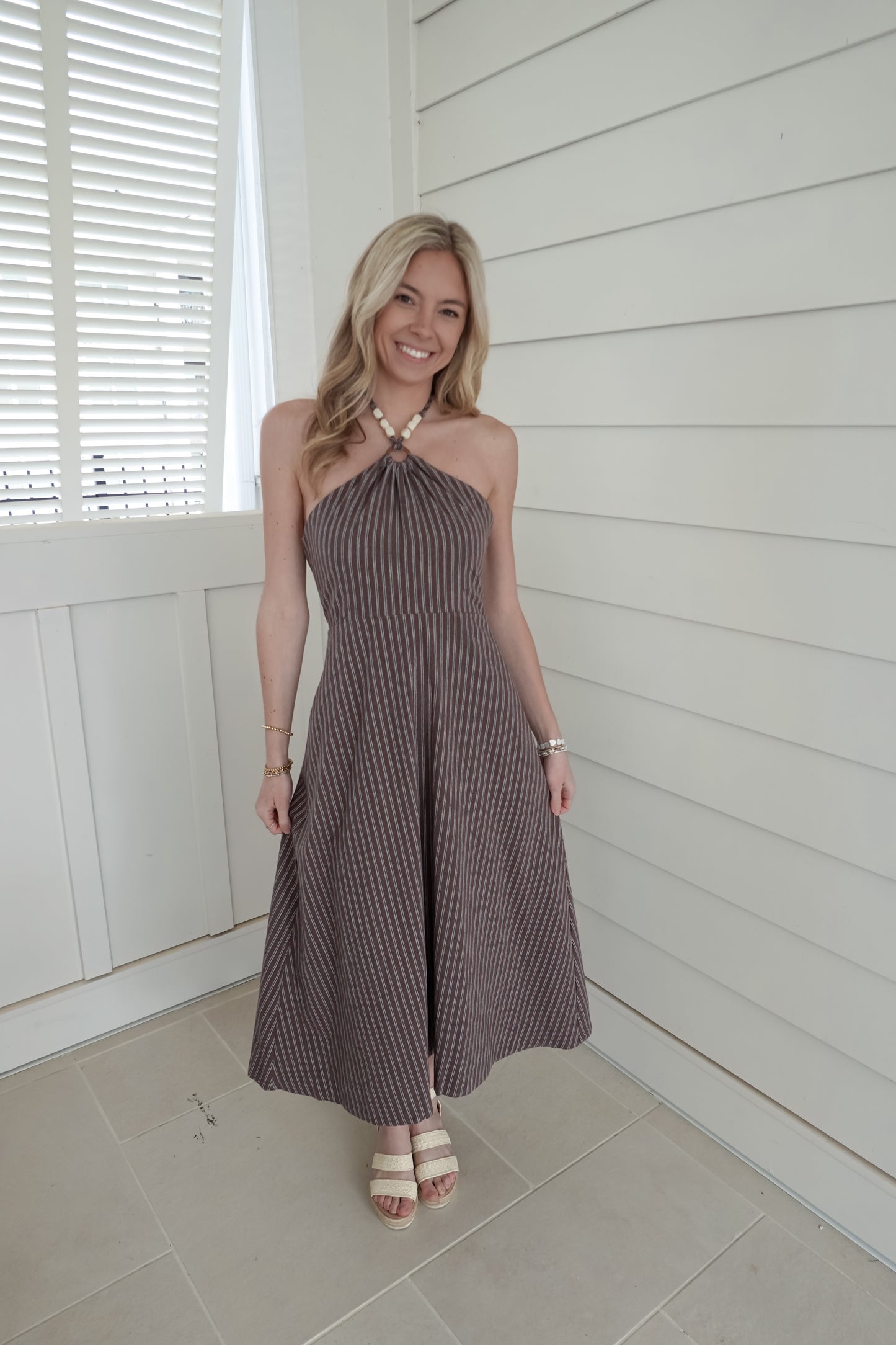 Beaded Halter Striped Dress