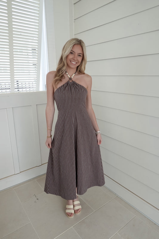 Beaded Halter Striped Dress