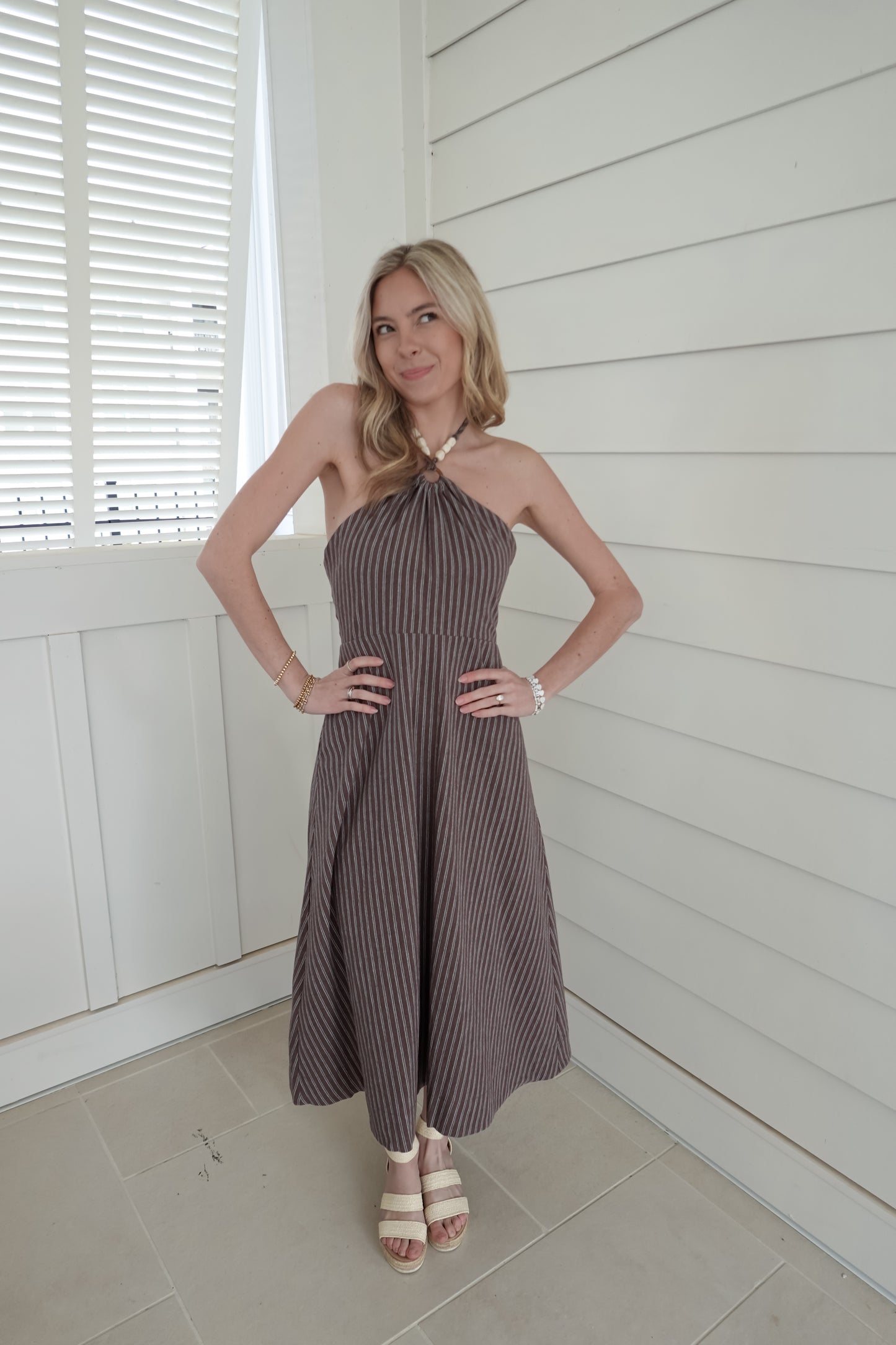 Beaded Halter Striped Dress