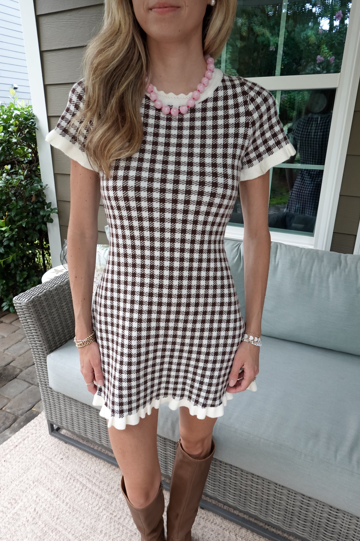 Gingham Ruffled Sweater Dress