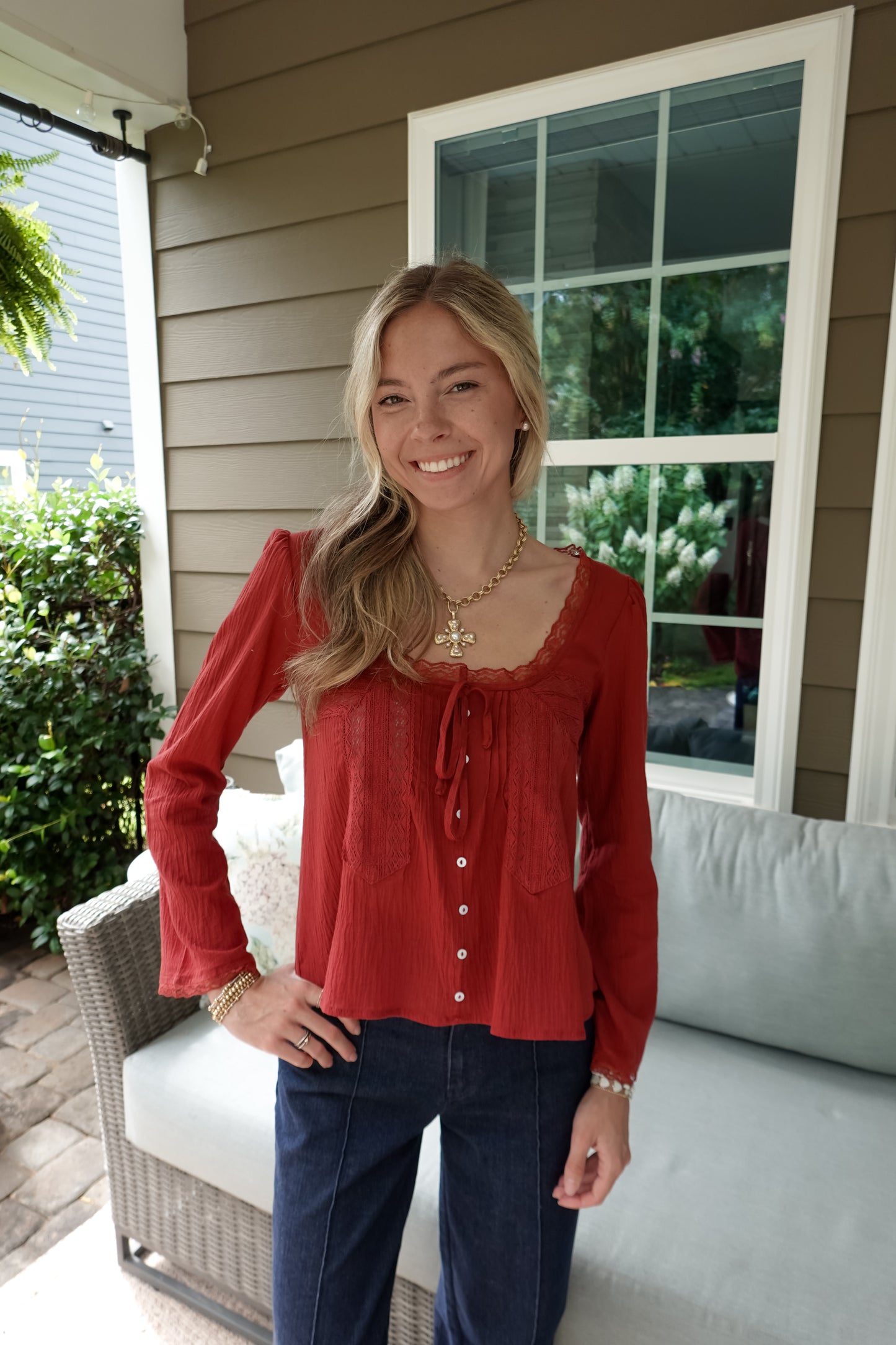 Aria Lace Trim Long Sleeve Top
