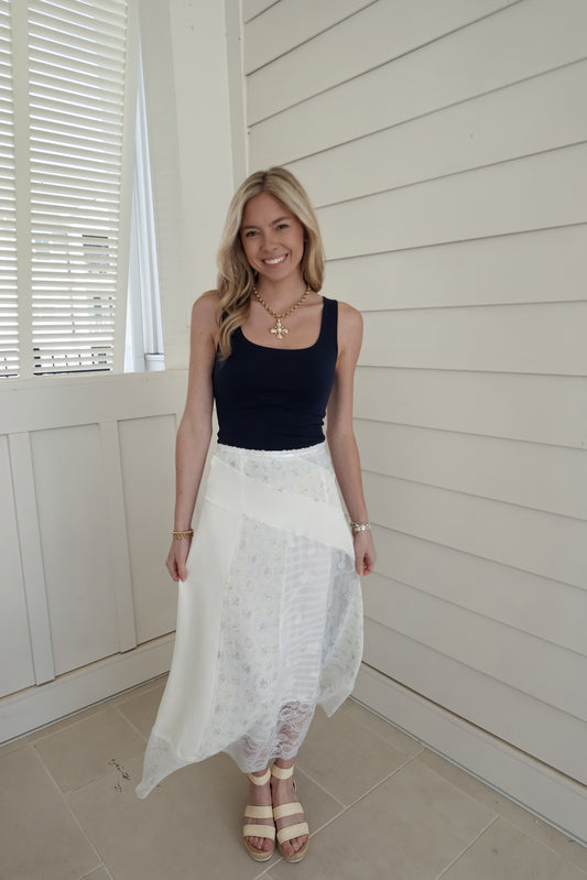 Lace Trim Mixed Media Patchwork Maxi Skirt