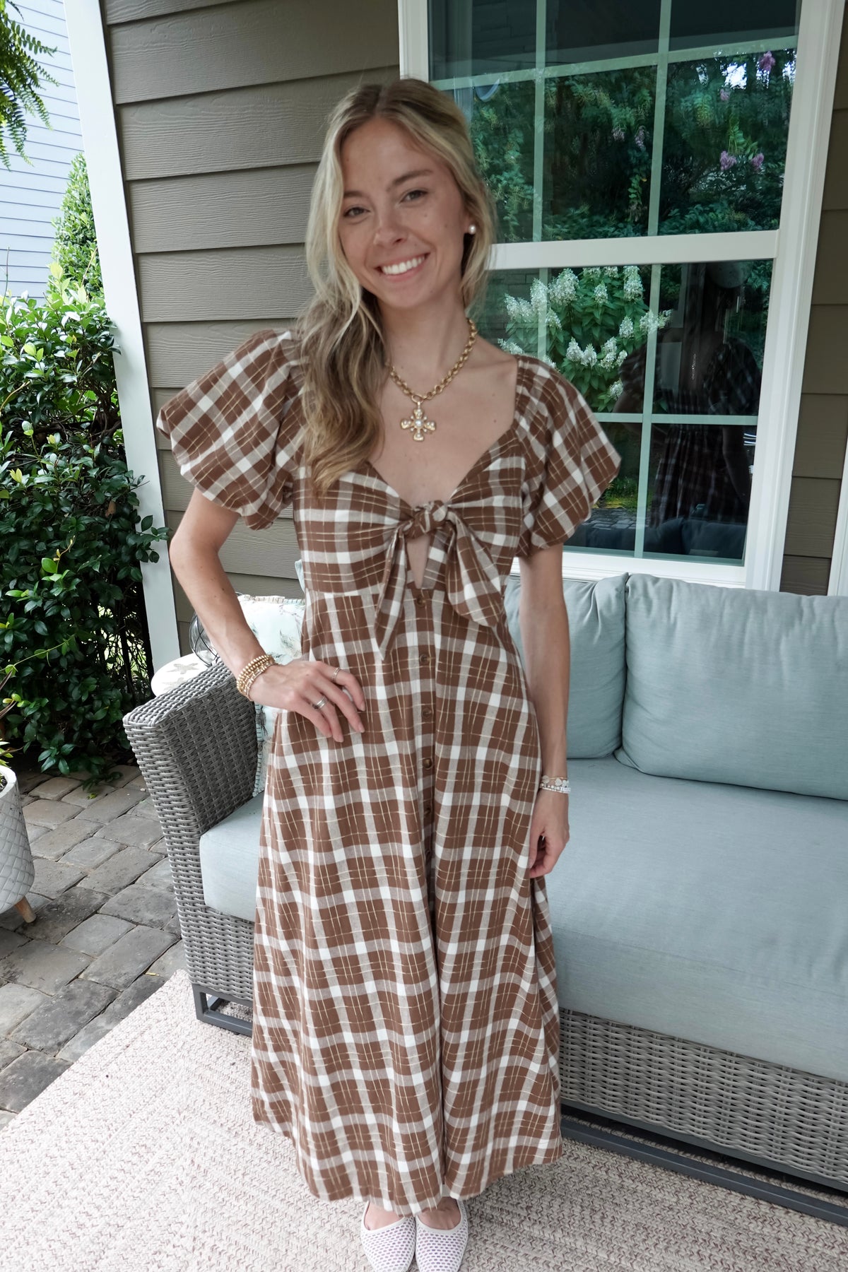Plaid Front-Tie Midi Dress