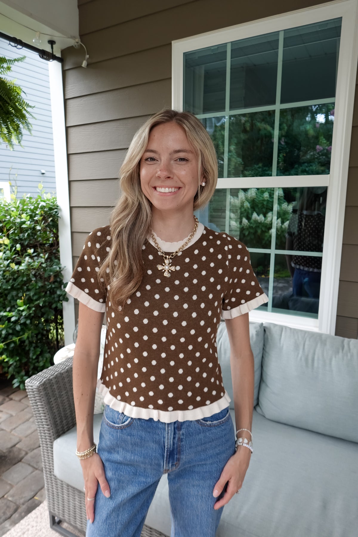 Polka Dot Ruffle Short Sleeve Sweater