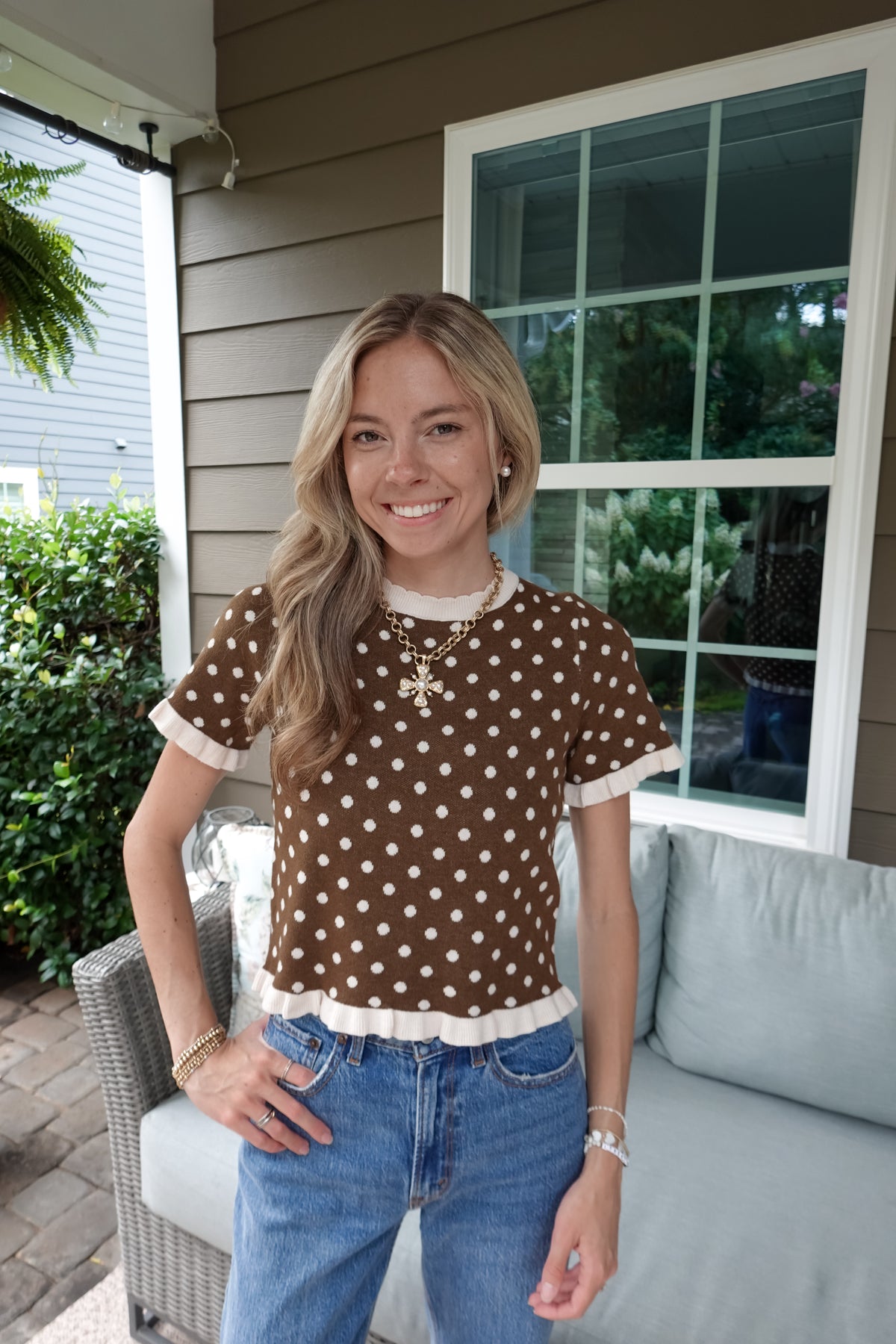 Polka Dot Ruffle Short Sleeve Sweater