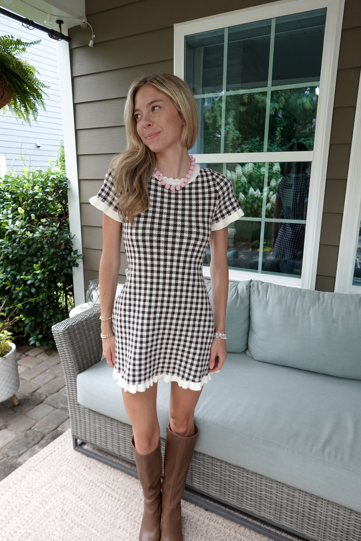 Gingham Ruffled Sweater Dress