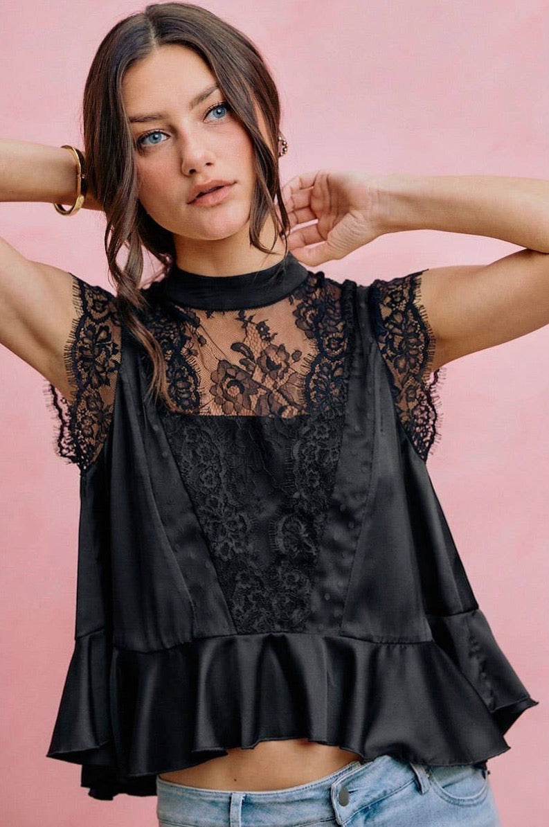 Sadie Satin Lace Peplum Top
