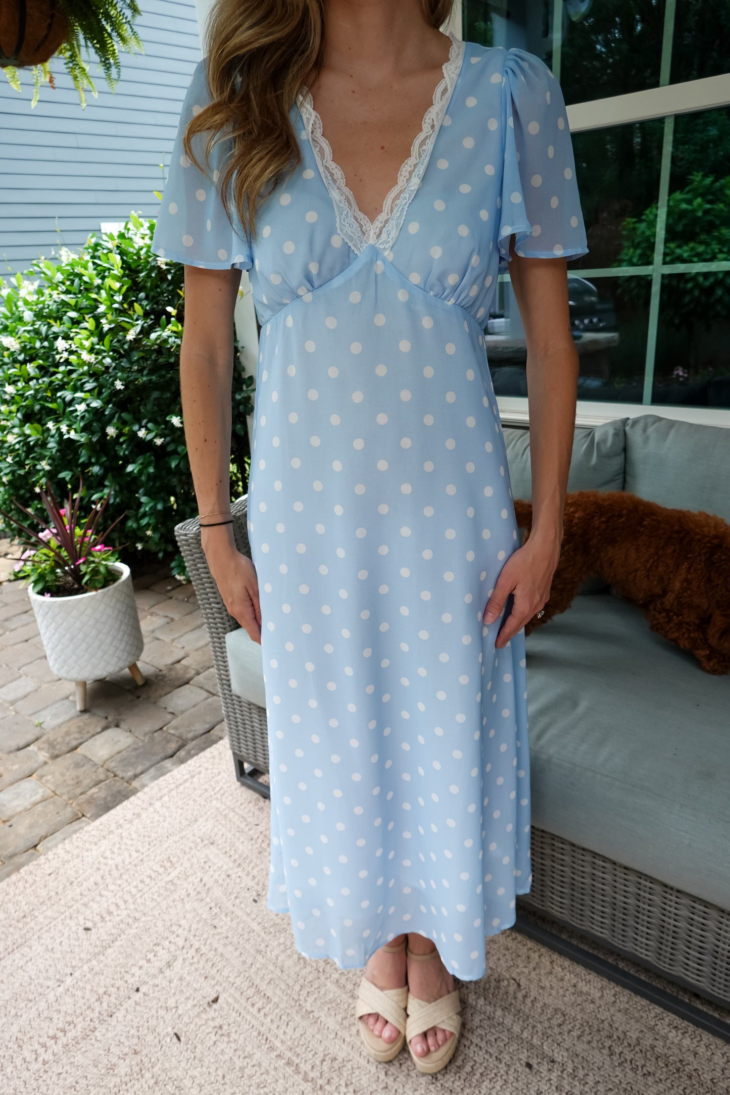 Polka Dot Chiffon Lace Trim Midi Dress