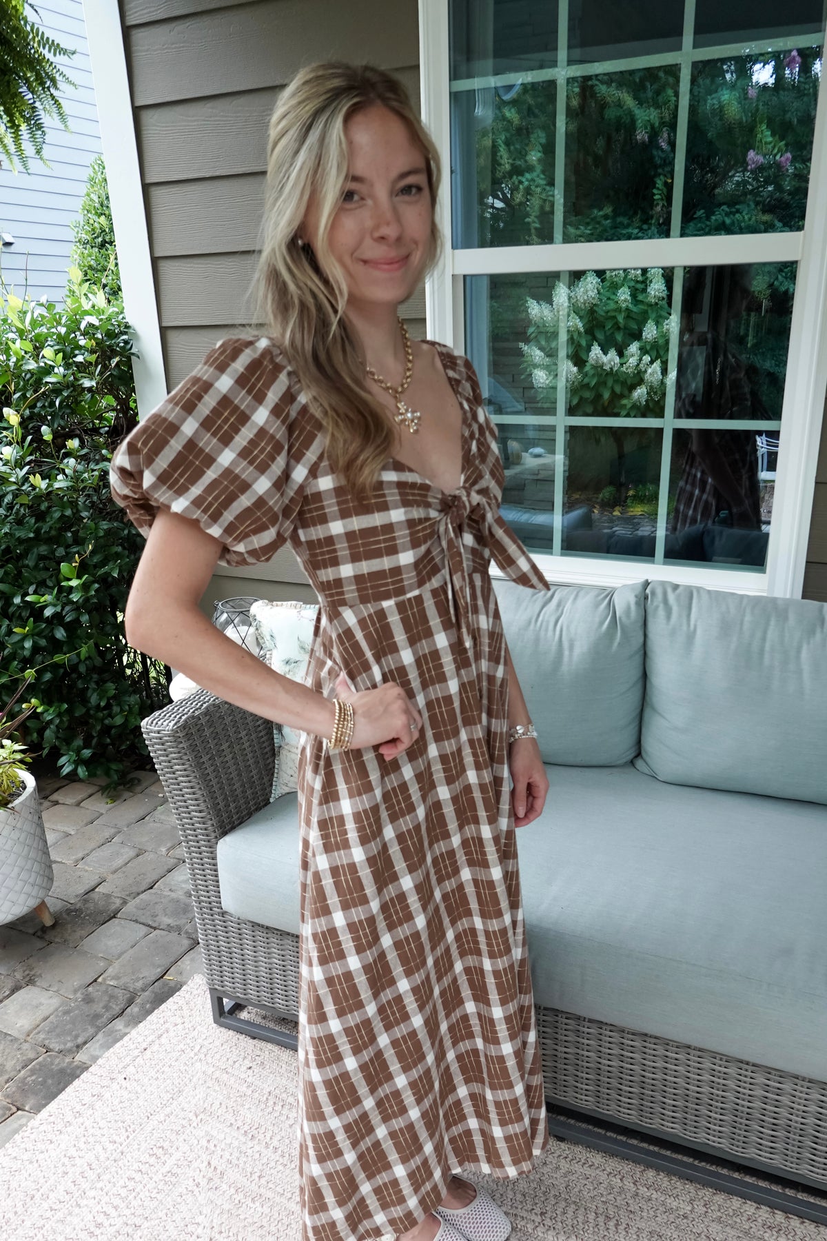 Plaid Front-Tie Midi Dress