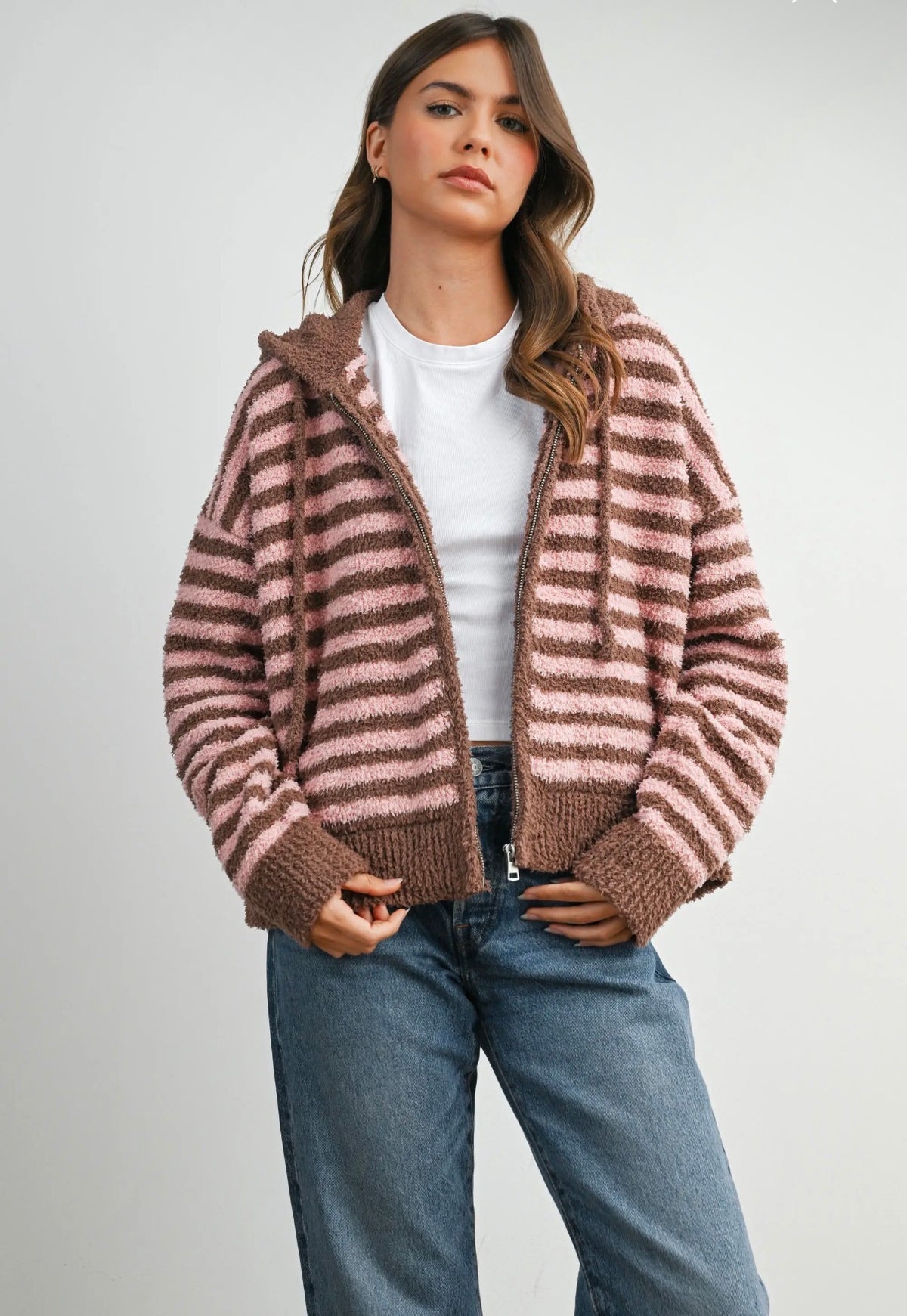 Striped Zip-Up Hooded Cardigan