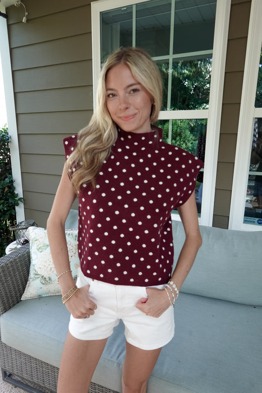 Polka Dot Mock Neck Short Sleeve Sweater
