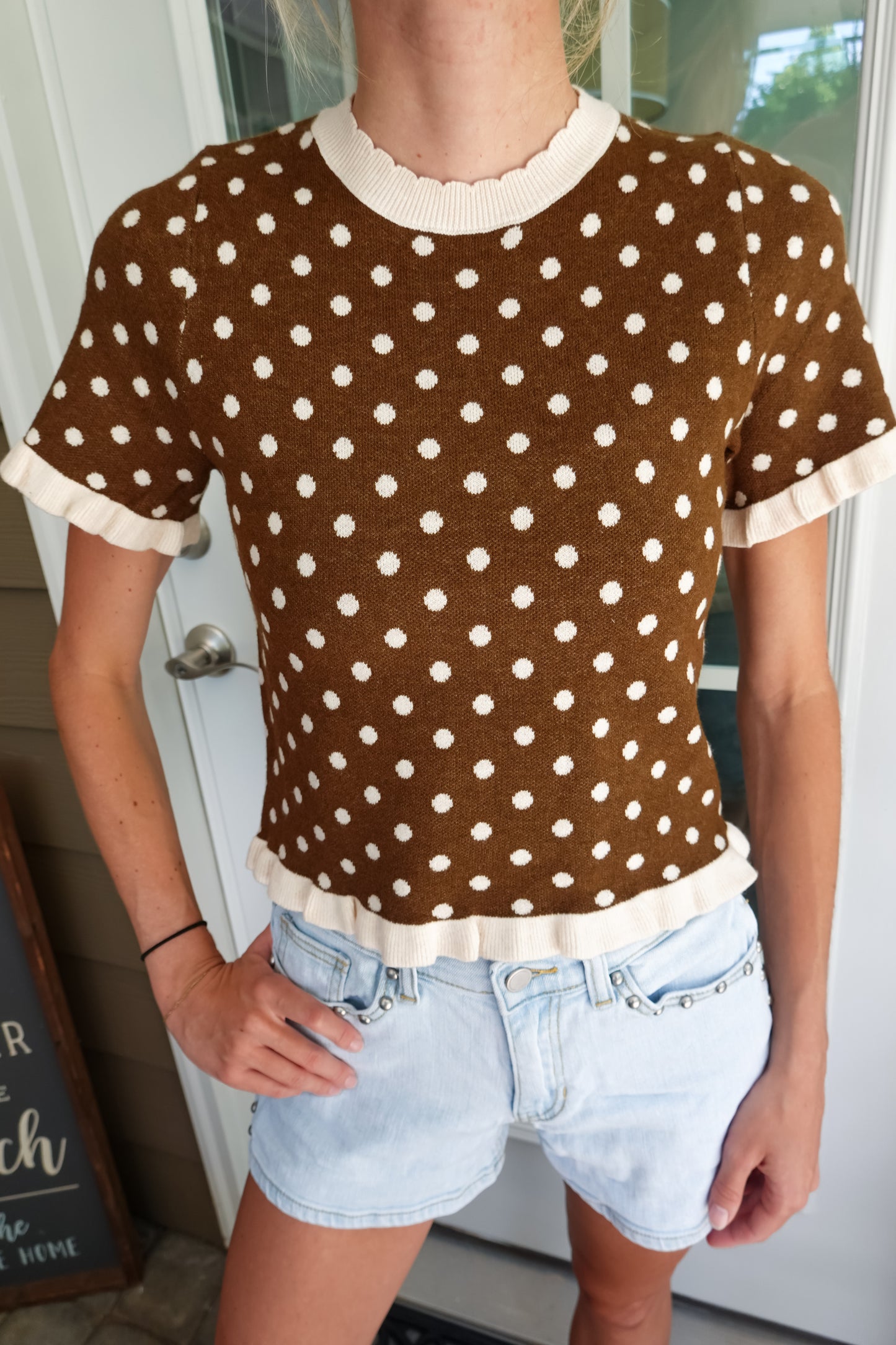 Polka Dot Ruffle Short Sleeve Sweater